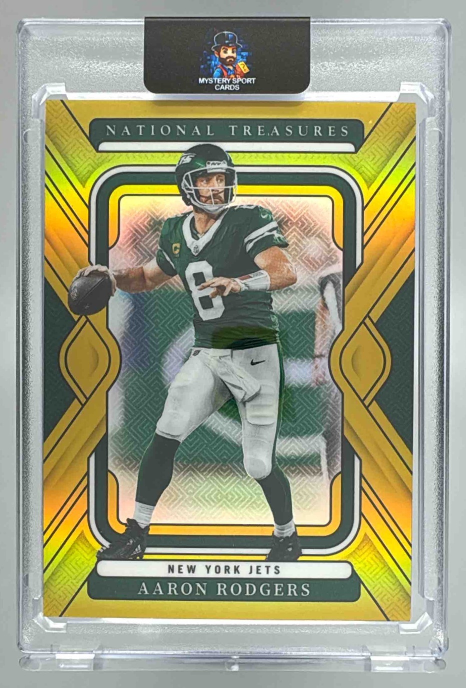Card image for 2024 Panini National Treasures Aaron Rodgers Premium Gold /10 #76 Jets