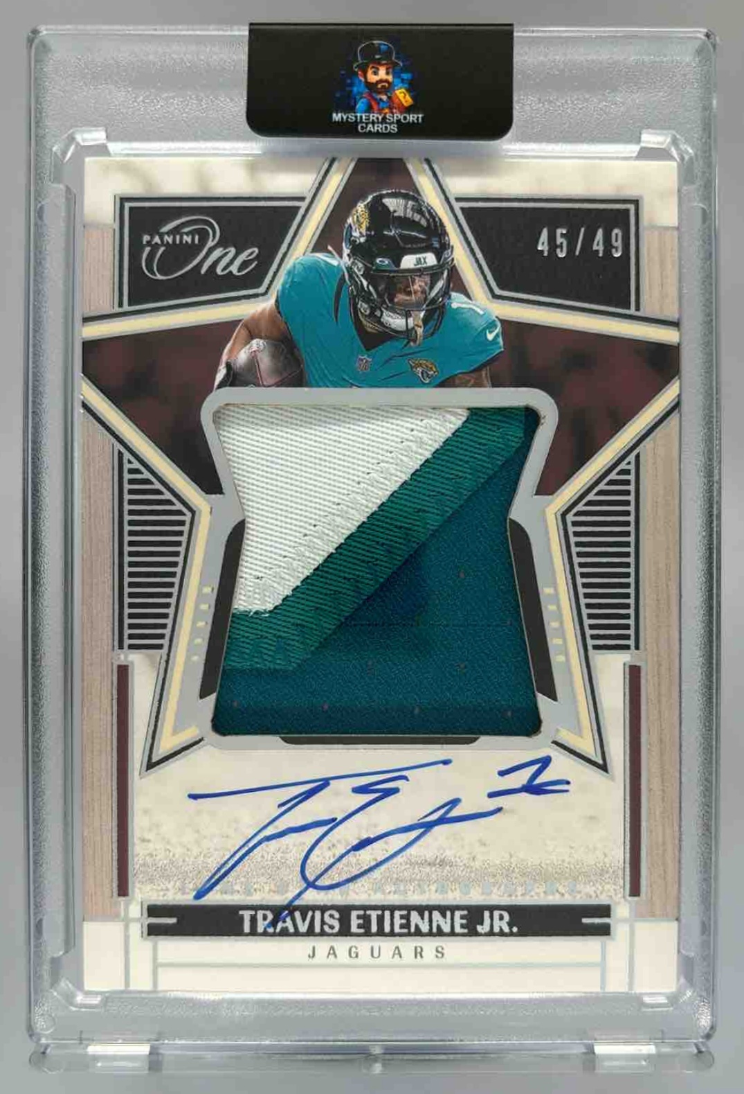 Card image for 2024 Panini One Trevor Lawrence Quad Patch Auto Red /49 #51 MEM Jaguars