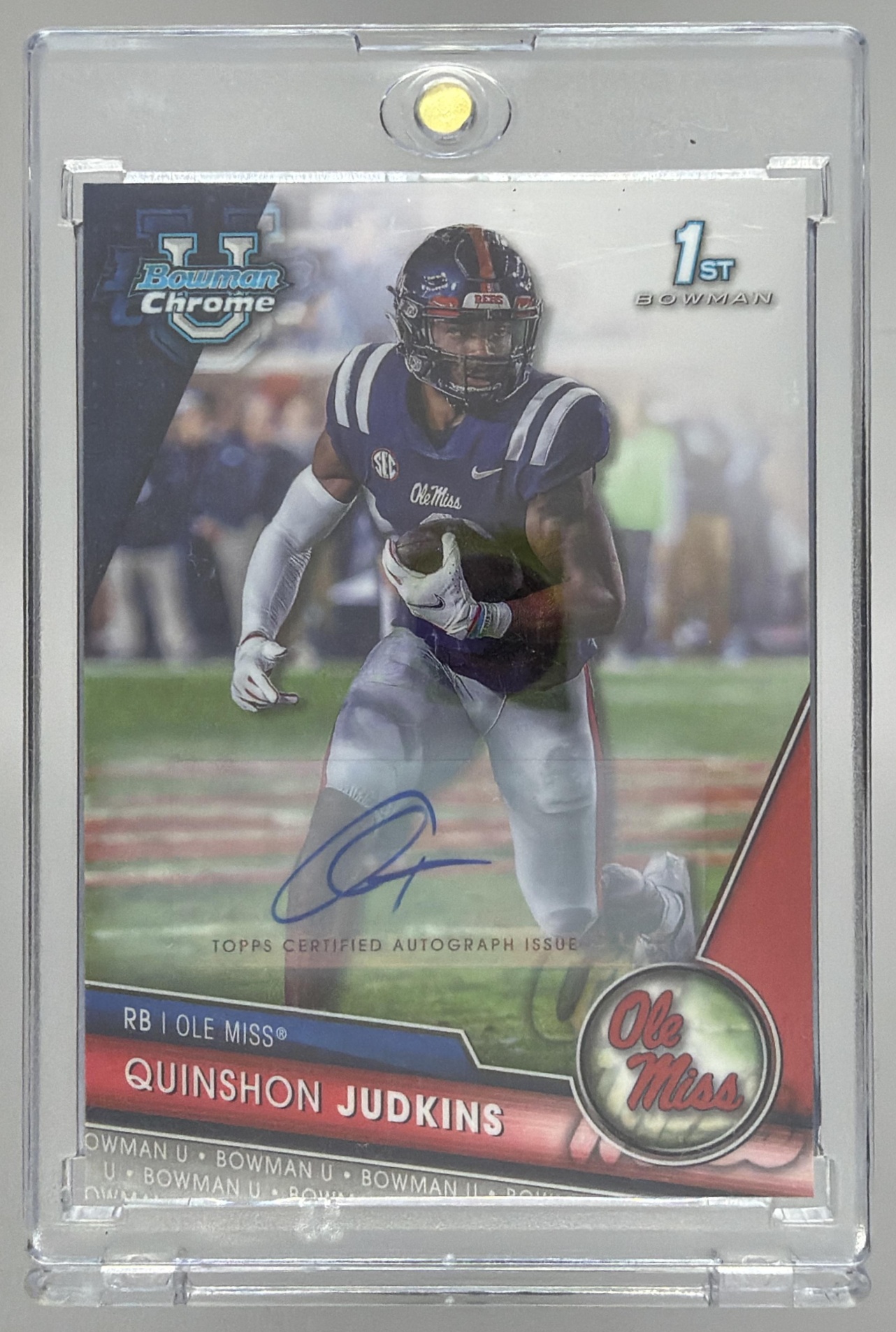 Card image for 2023 Bowman University Chrome Quinshon Judkins Prospect Auto #135 Rebels