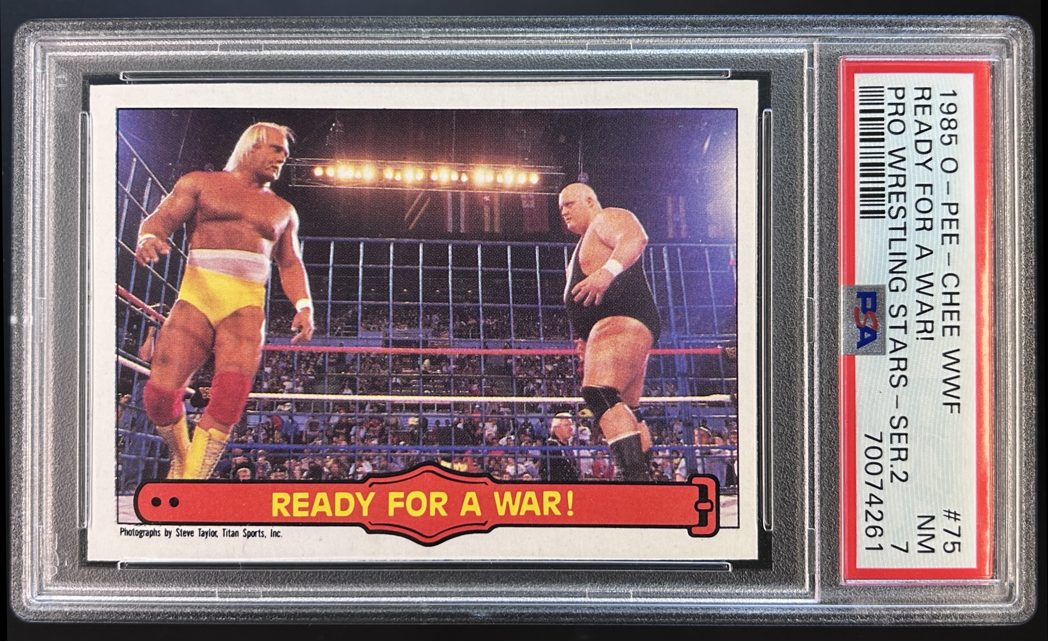 Card image for 1985 O-PEE-CHEE HULK HOGAN ROOKIE RC WWF PRO WRESTLING STARS SERIES 2 READY FOR A WAR! #75 PSA 7 NM NEAR MINT