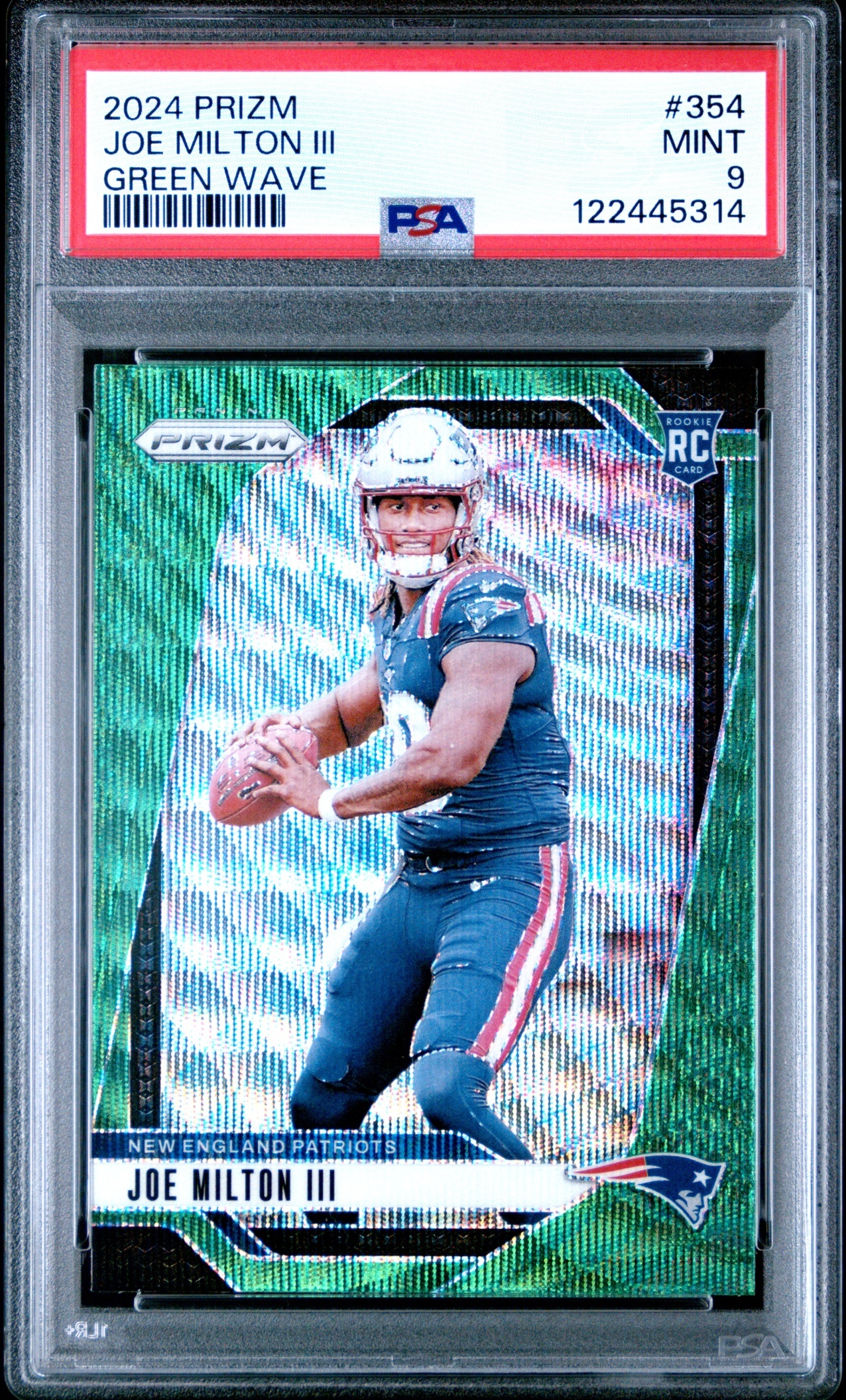 Card image for 2024 Panini Prizm Joe Milton III Green Wave #354 RC Patriots