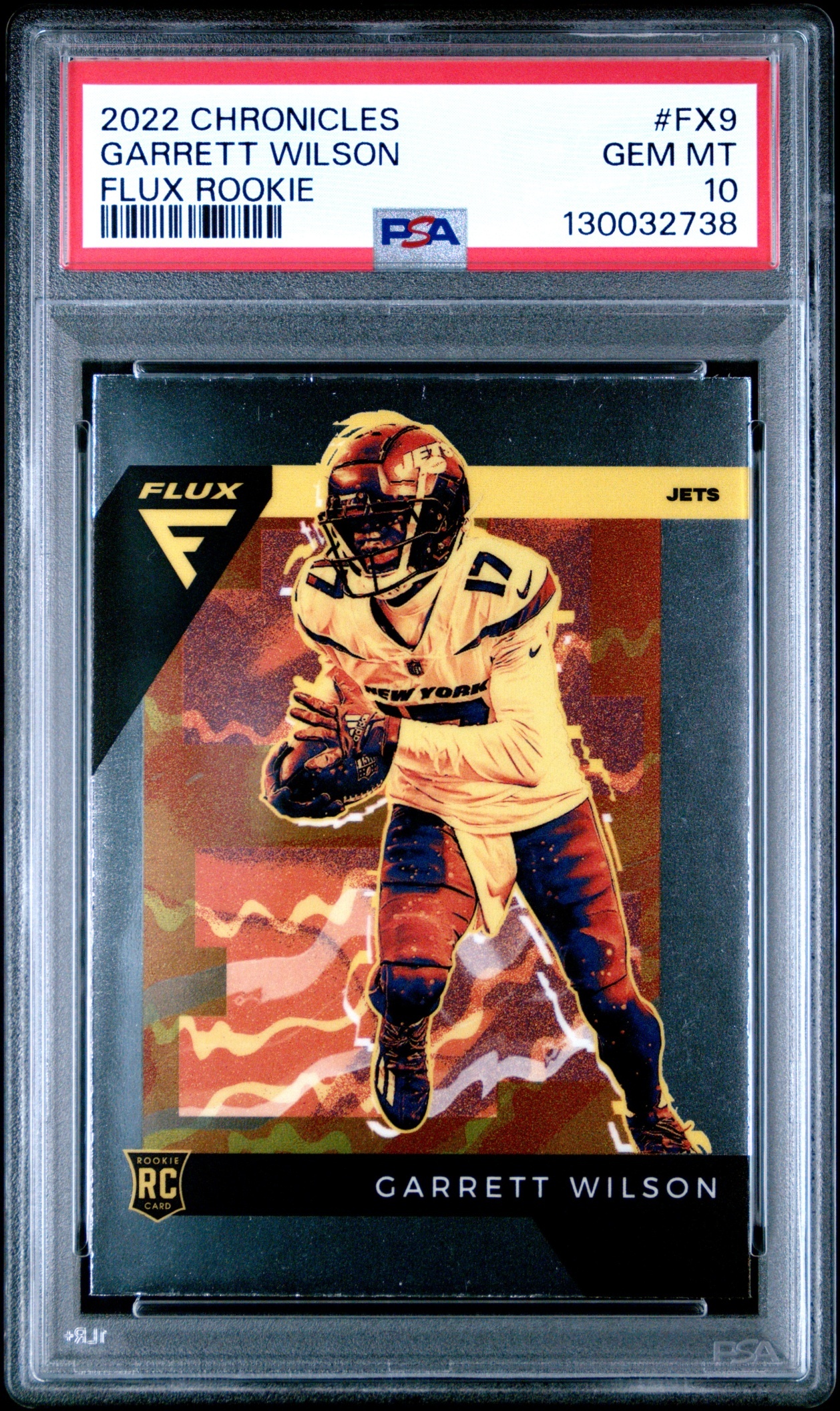 Card image for 2022 Panini Chronicles Garrett Wilson Flux Rookies Silver #FX-9 RC Jets