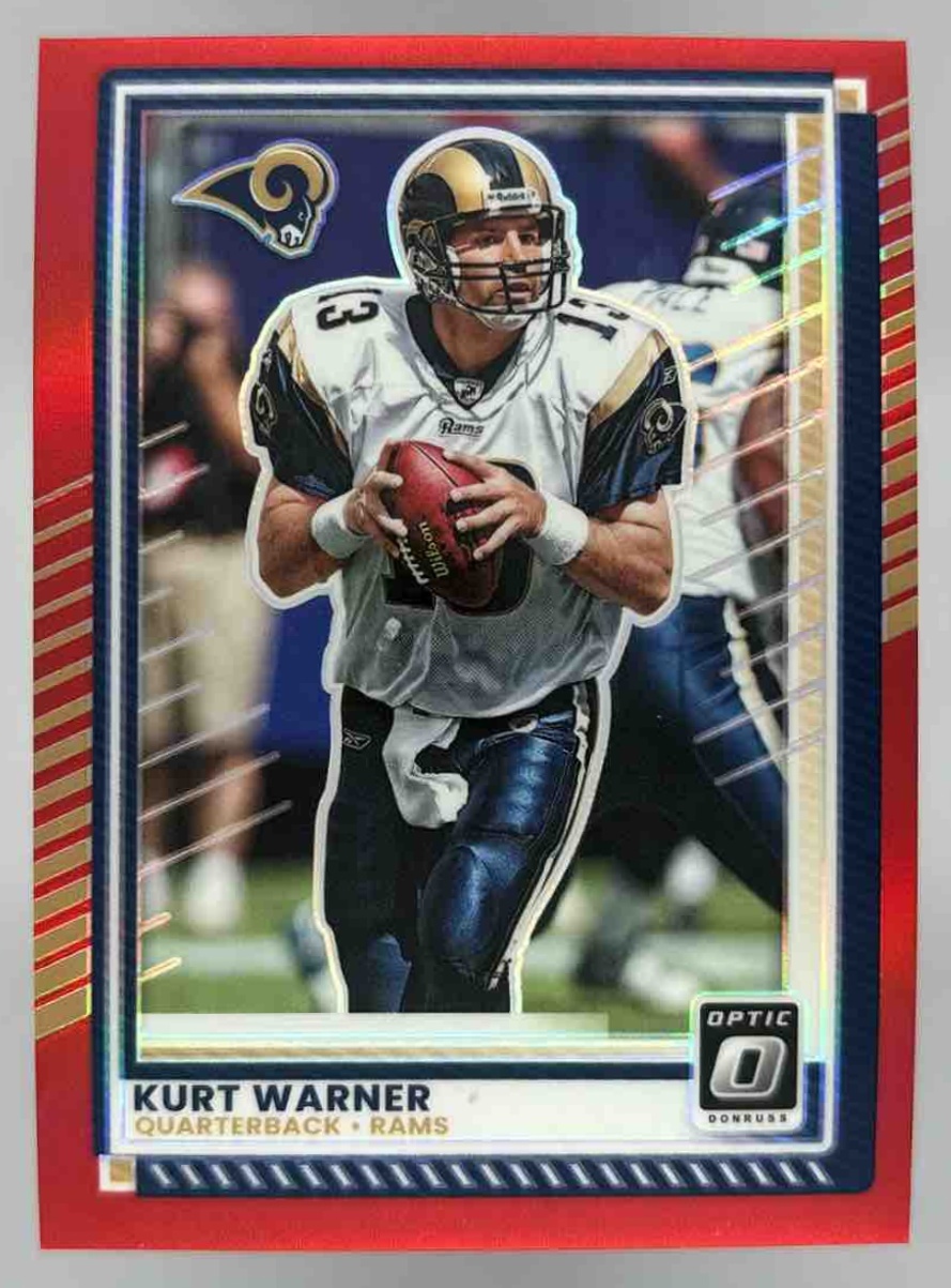 Card image for 2025 Panini Football Donruss Optic Kurt Warner Red Prizm /149 #27 St. Louis Rams