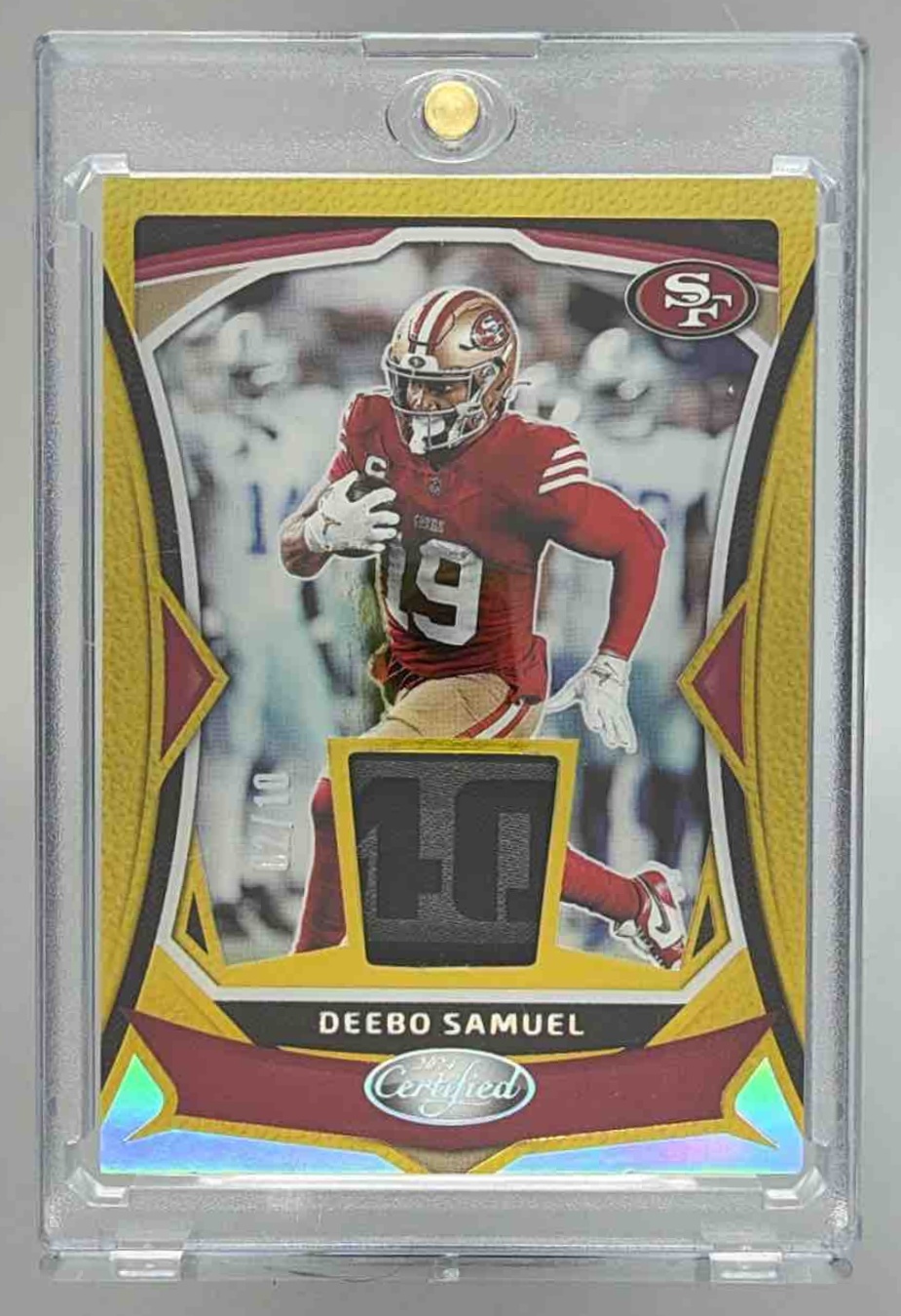 Card image for 2024 Panini Certified Deebo Samuel Materials Mirror Gold Etch /10 #MMPE-DS MEM 49ers