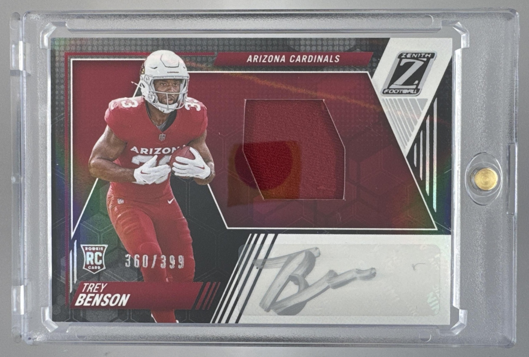 Card image for 2024 Panini Zenith Trey Benson Rookie Patch Auto /399 #227 MEM RC Cardinals