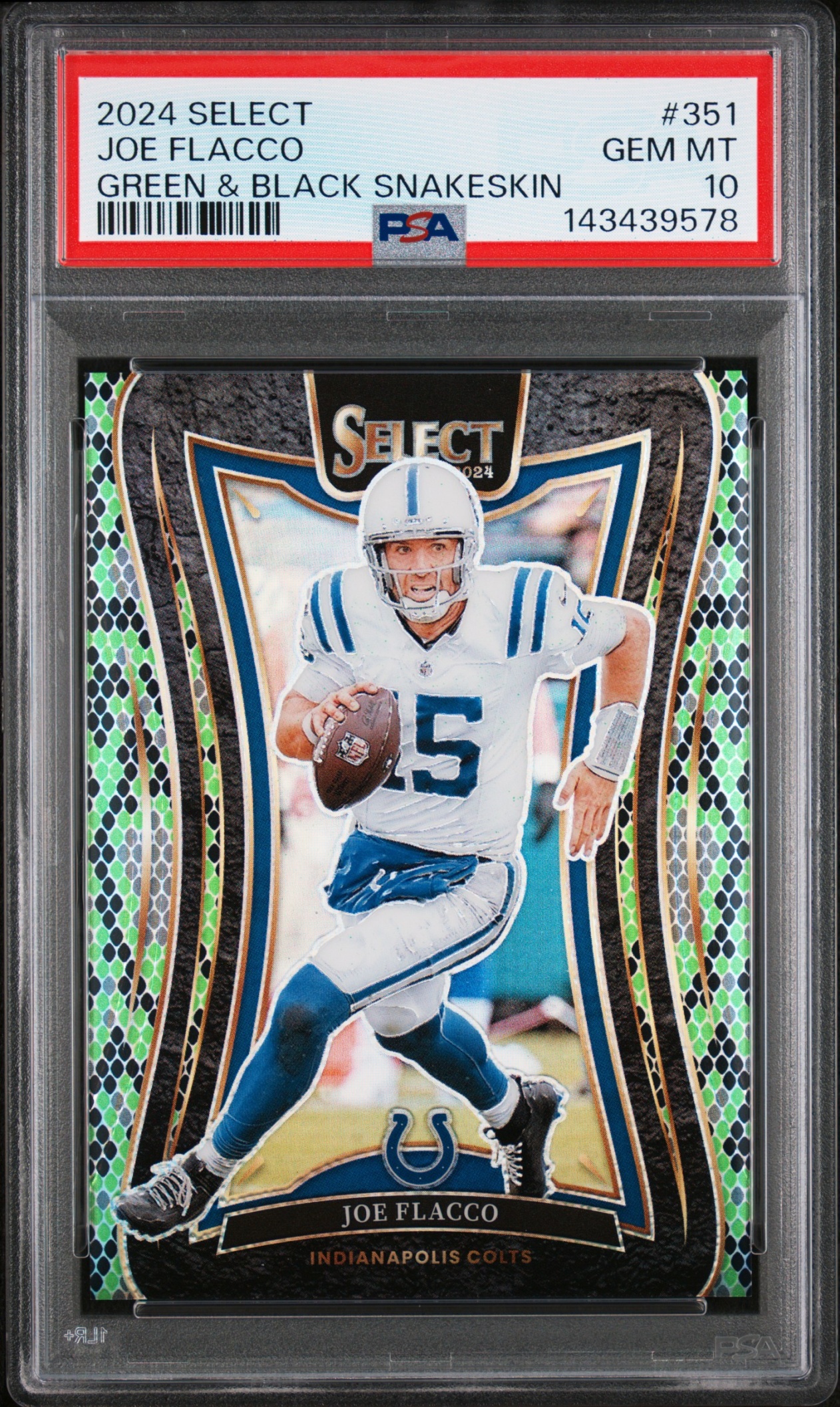 Card image for 2024 Panini Select Joe Flacco Suite Green and Black Snakeskin Prizm /2 #351 Colts