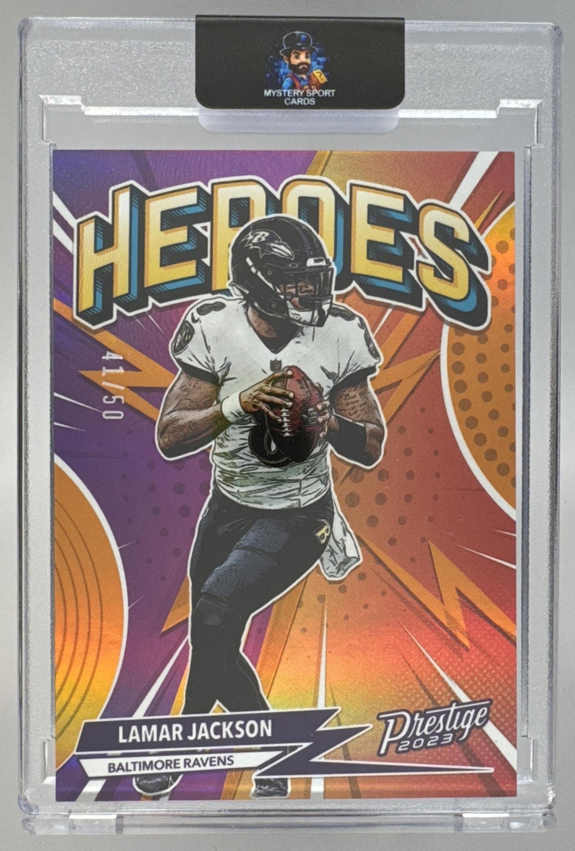 Card image for 2023 Panini Prestige Lamar Jackson Heroes Xtra Points Orange /50 #H-5 Ravens