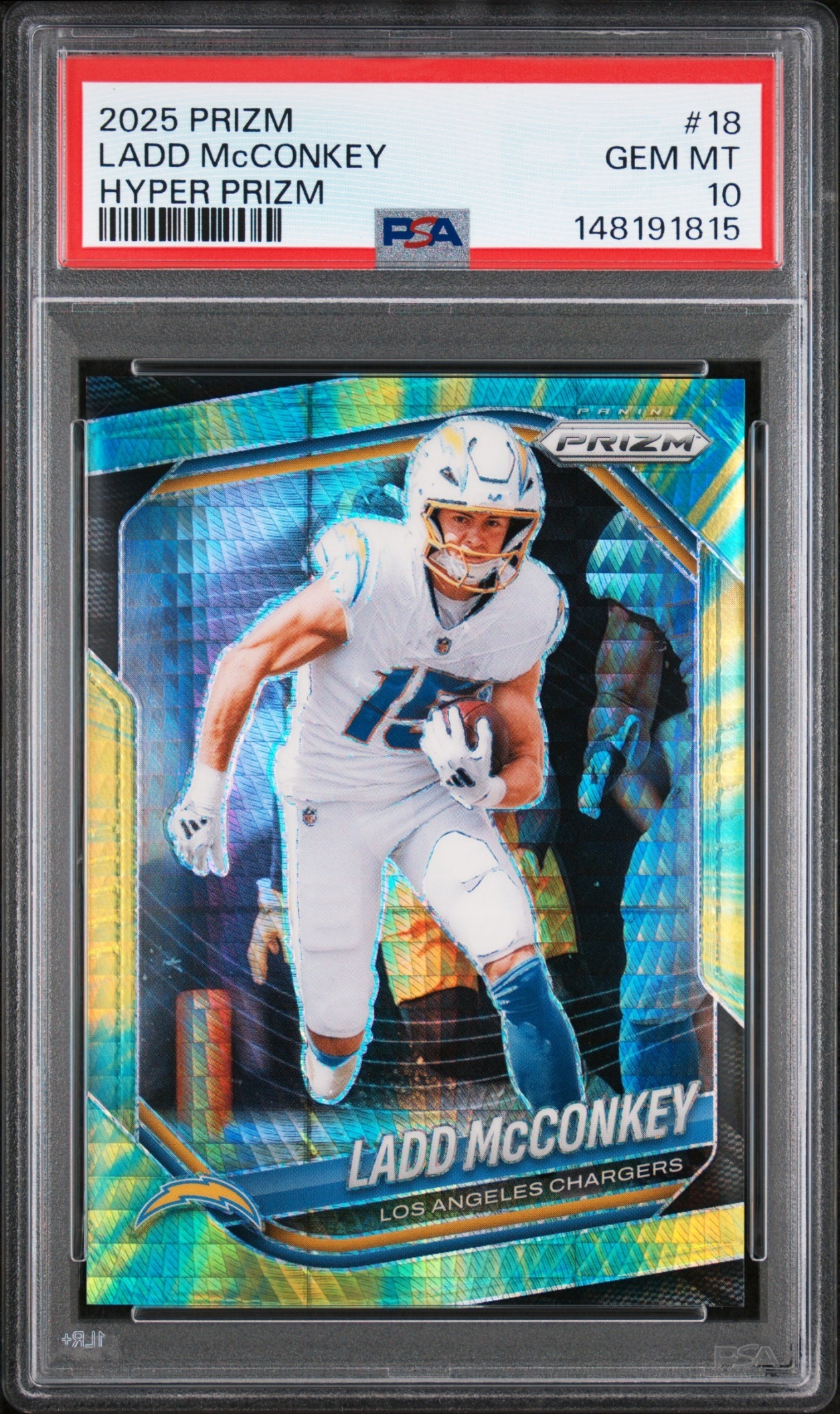 Card image for 2025 Panini Football Prizm Ladd McConkey Hyper /200 #18 Los Angeles Chargers
