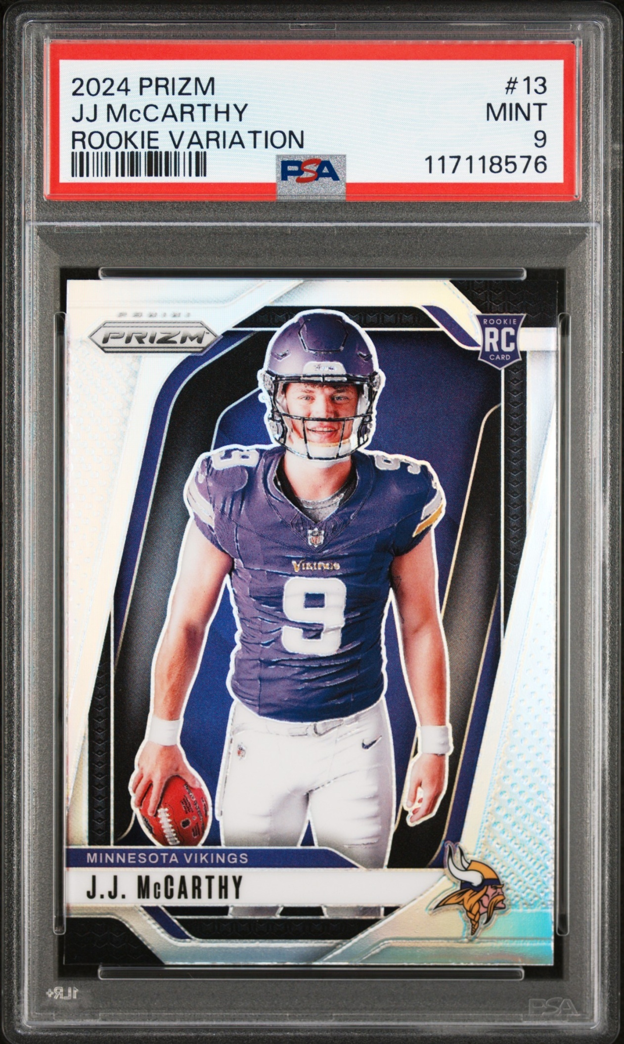 Card image for 2024 Panini Prizm J.J. McCarthy Rookie Variations #13 RC VAR Vikings