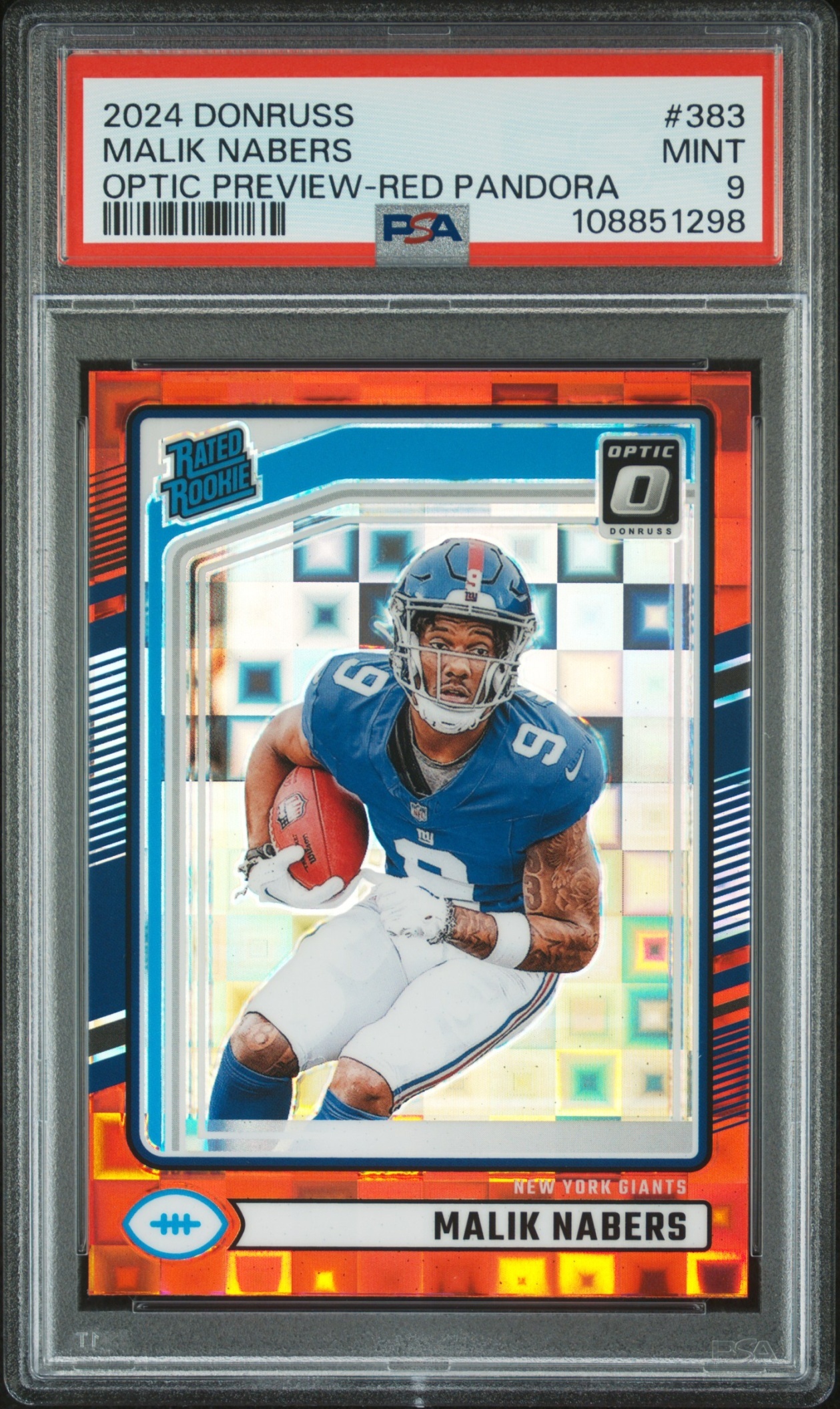 Card image for 2024 Panini Donruss Malik Nabers Optic Rated Rookie Preview Red Pandora #383 Giants