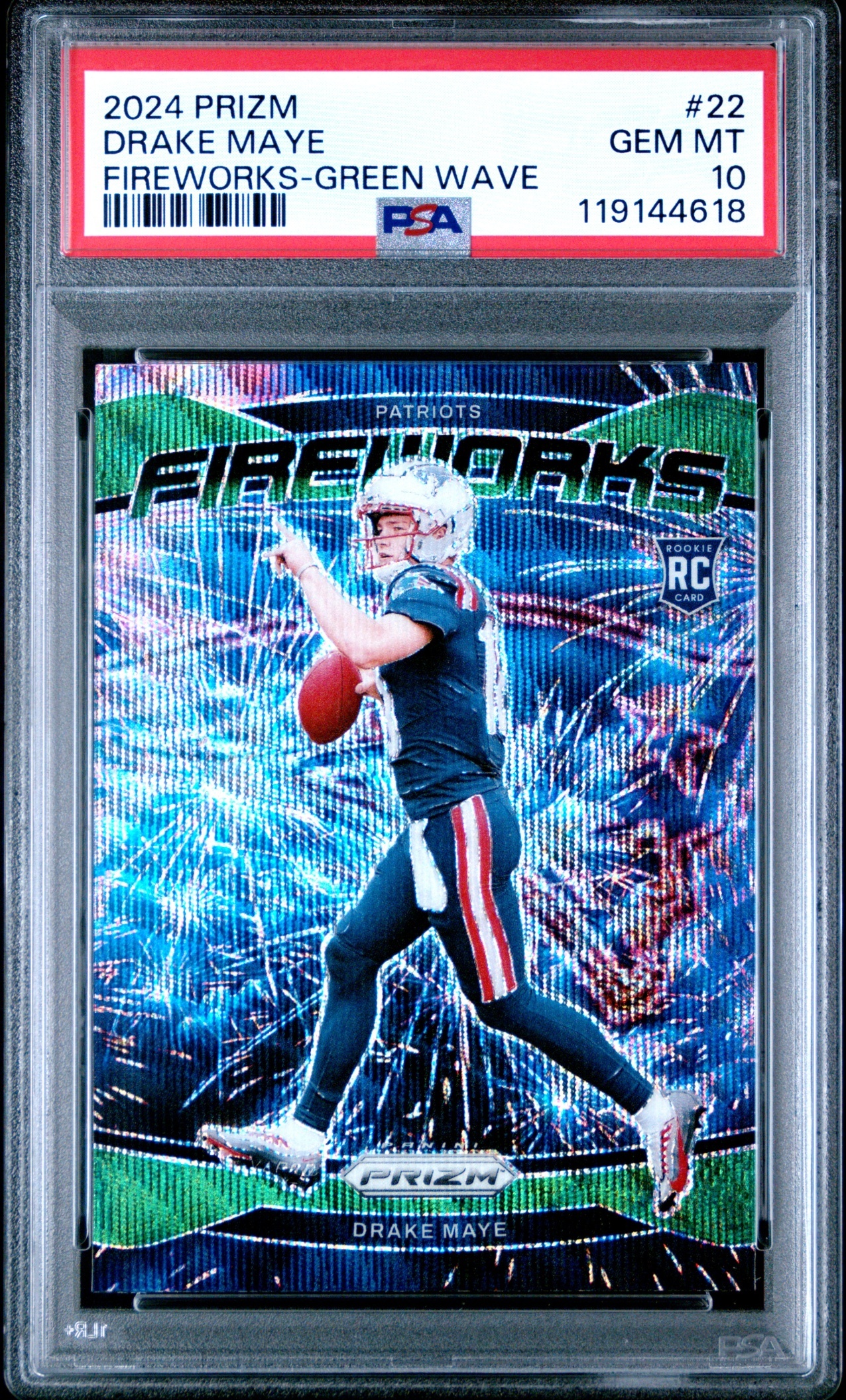 Card image for 2024 Panini Prizm Drake Maye Fireworks Green Wave #22 RC Patriots