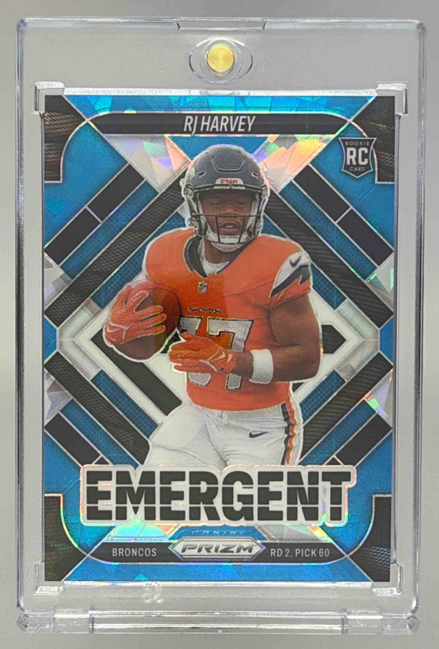 Card image for 2025 Panini Football Prizm RJ Harvey Emergent Blue Ice /99 #16 Denver Broncos