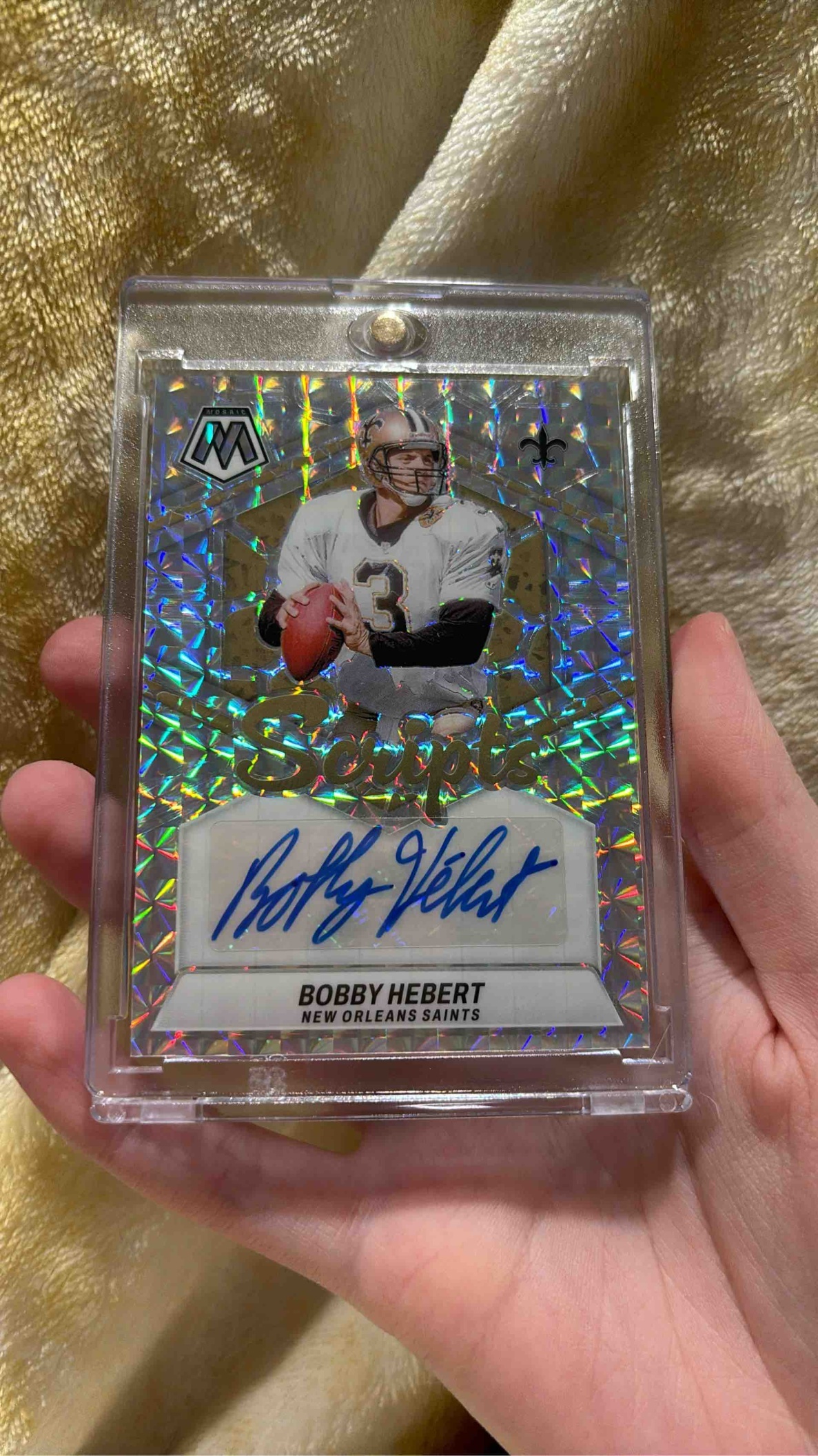 Card image for 2024 Panini Mosaic Bobby Hebert Scripts Mosaic Prizm #SC-BHT Auto Saints