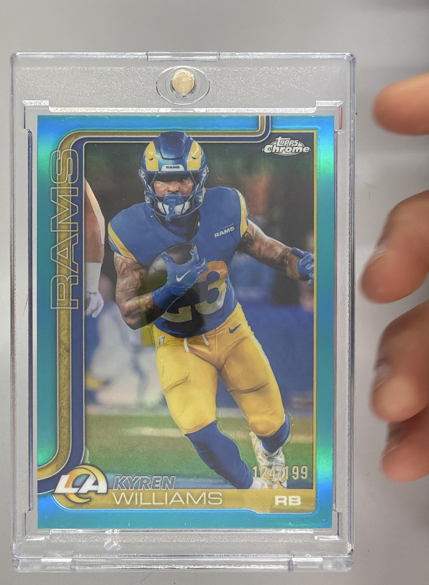 Card image for 2025 Topps Chrome Kyren Williams Aqua Wave Refractor /199 #168 Rams