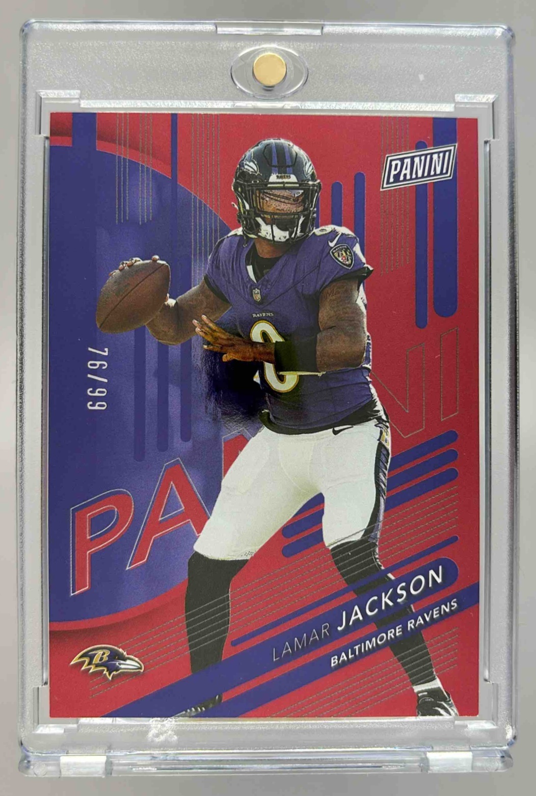 Card image for 2024 Panini National NSCC Wrapper Redemption Lamar Jackson Red /99 #3 Ravens