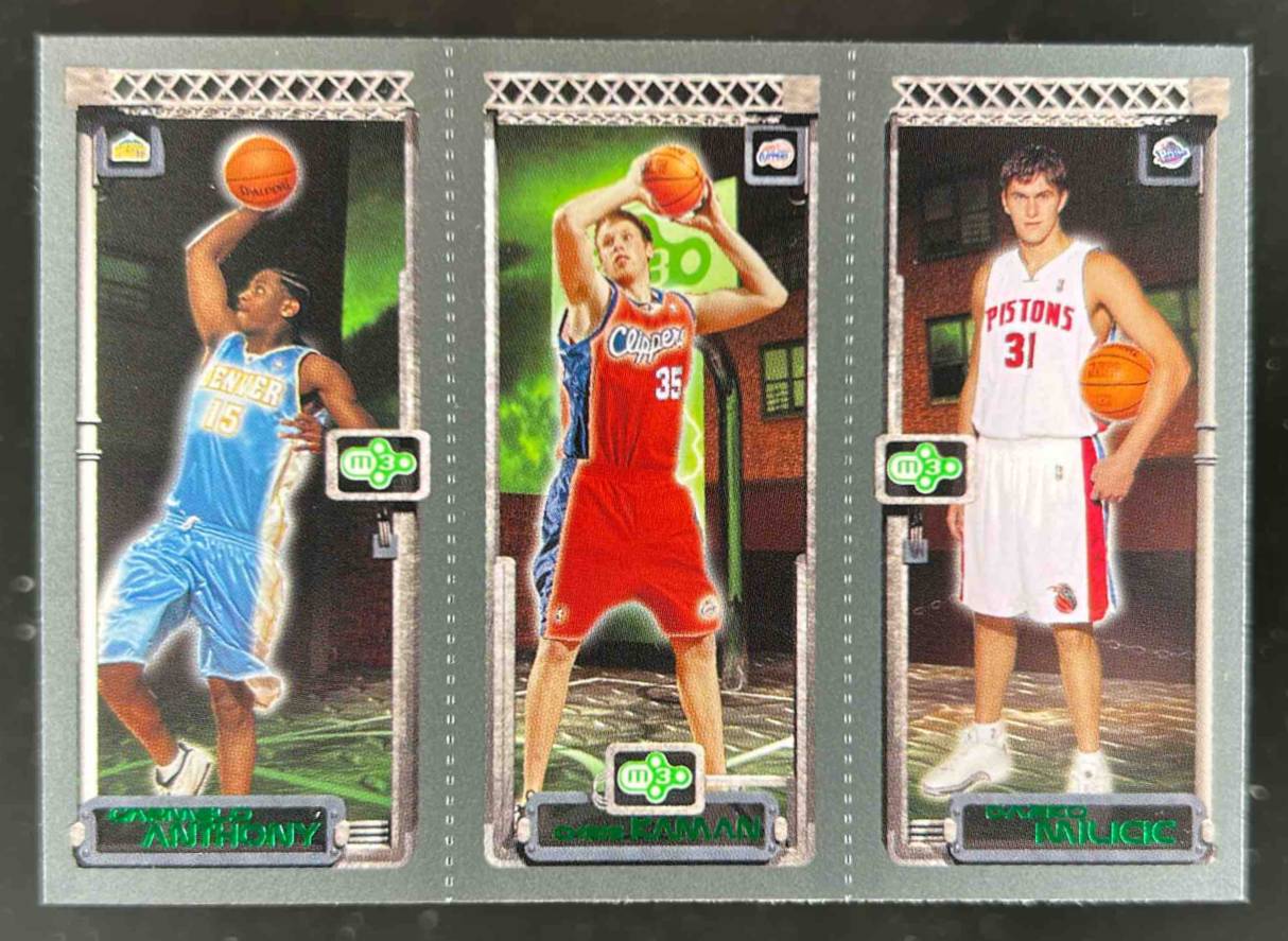 Card image for 2003-04 Topps Rookie Matrix Carmelo Anthony / Chris Kaman Darko Milicic #113 116 112 RC