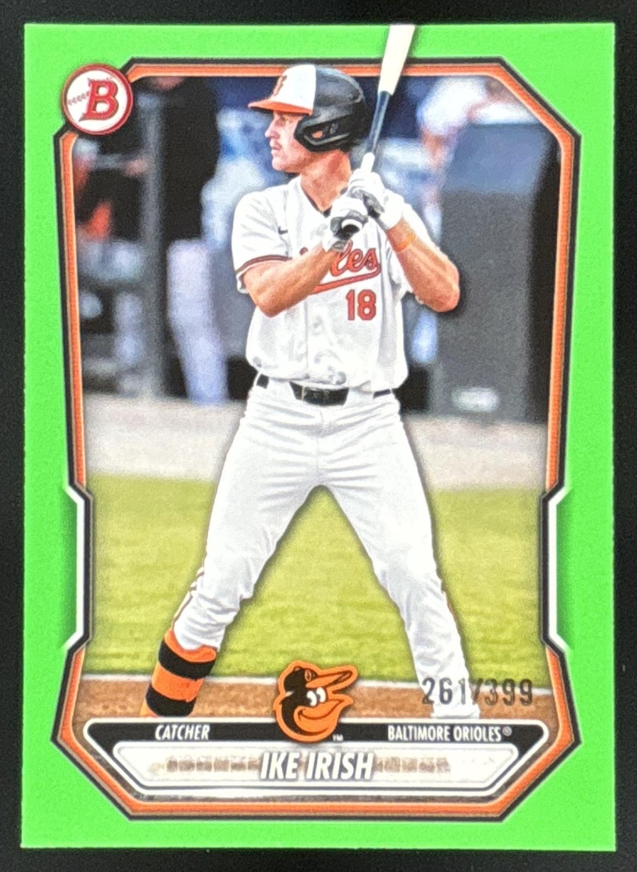 Card image for Ike Irish 2026 Bowman Neon Green Border /399 Prospects Baltimore Orioles