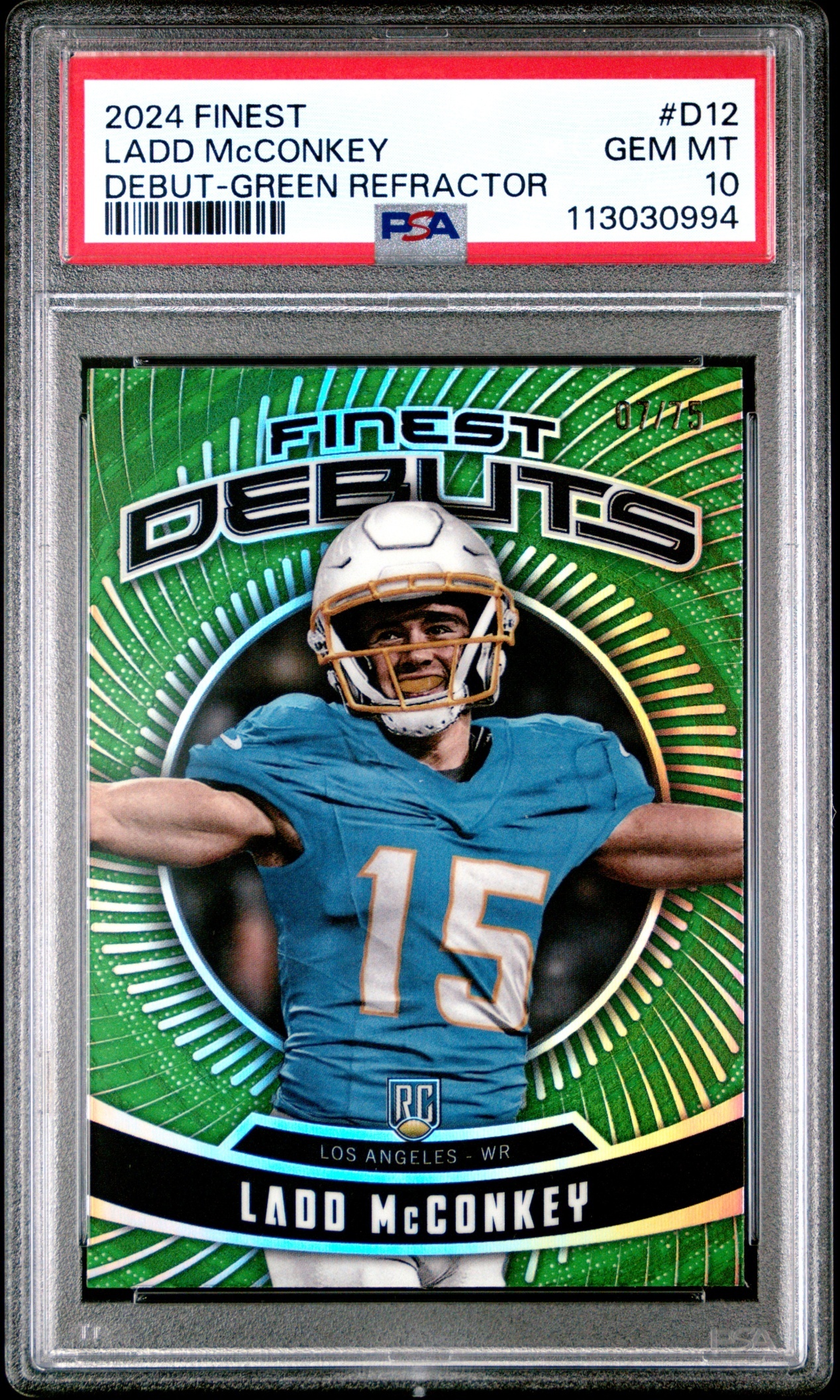 Card image for 2024 Topps Finest Ladd McConkey Debuts Green Refractor /75 #D-12 RC Chargers