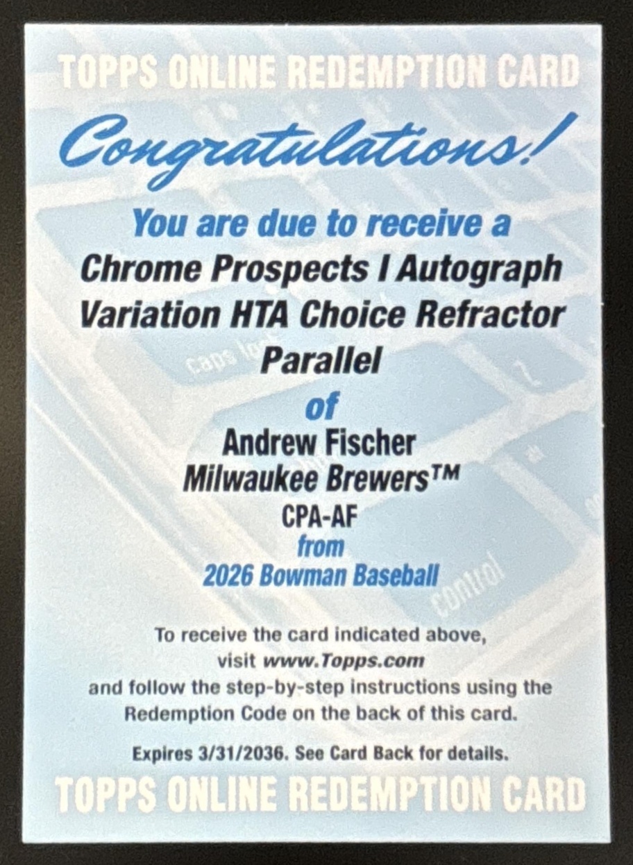 Card image for 2026 Bowman Andrew Fischer Chrome Auto HTA Choice Refractor /150 1st Prospect