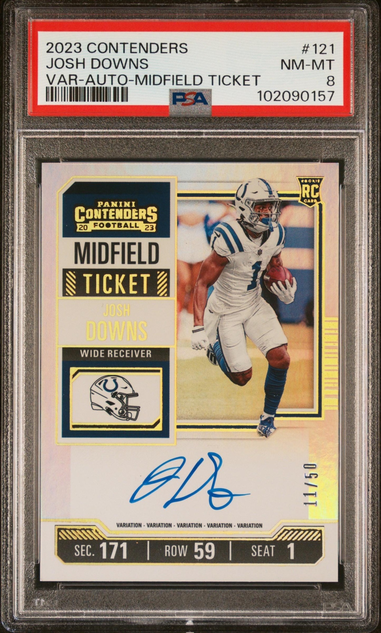 Card image for 2023 Panini Contenders Josh Downs Midfield Ticket /50 #121b SP Auto RC Colts