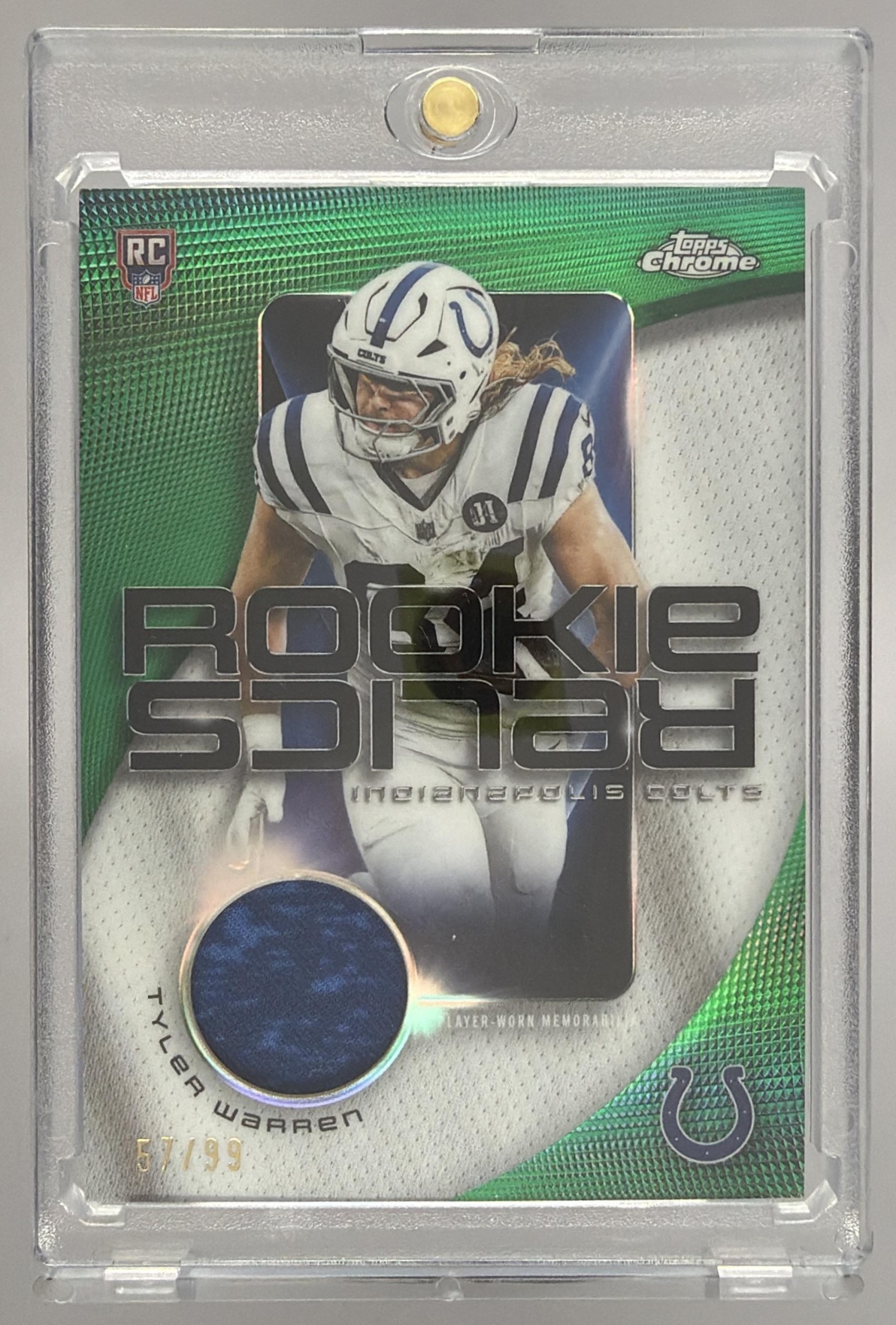 Card image for 2025 Topps Chrome Tyler Warren Rookie Relics Green Refractor /99 #RR-TW MEM RC Colts