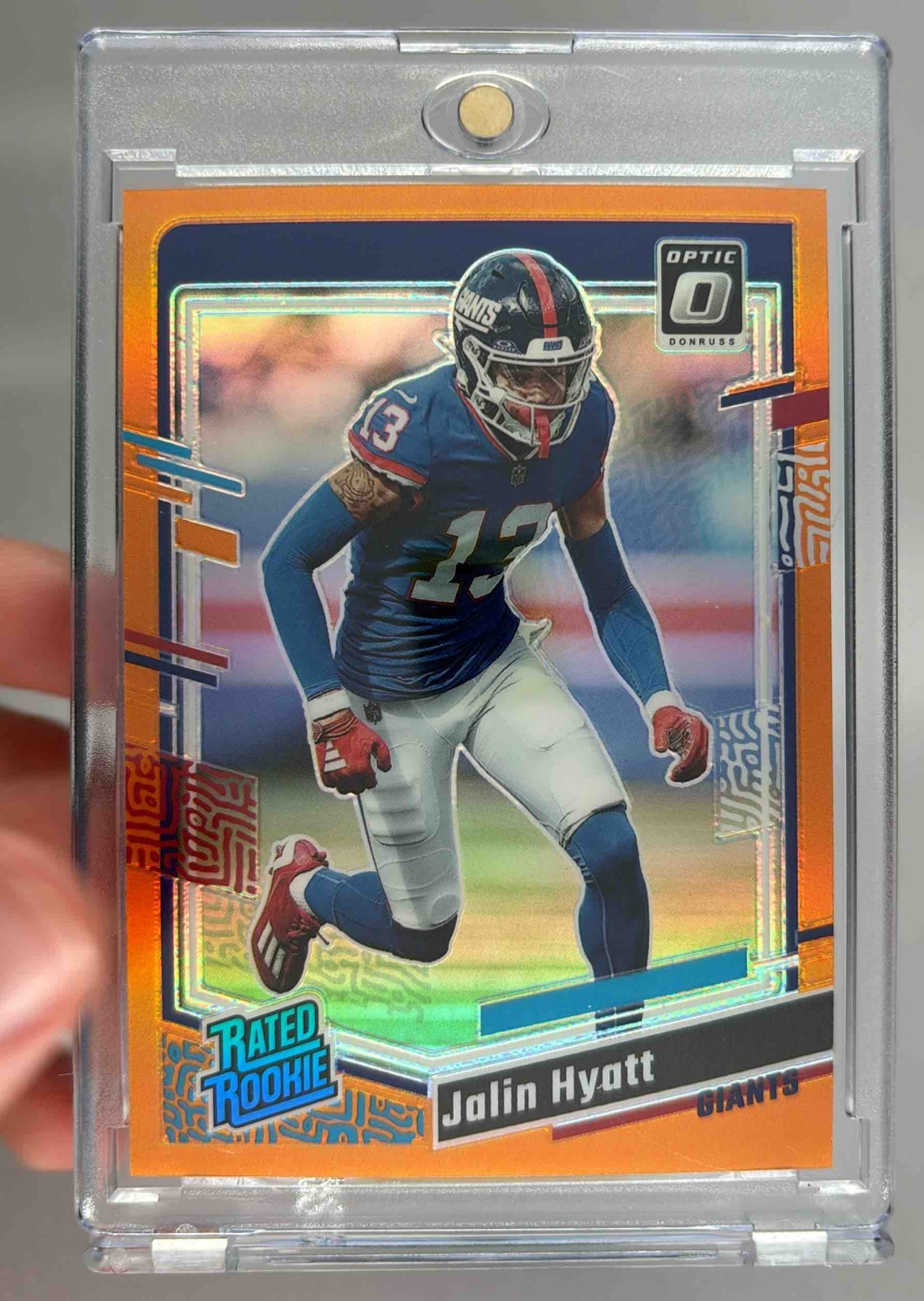 Card image for 2023 Panini Donruss Optic Jalin Hyatt Orange Prizm /249 #279 RC Rated Rookie Giants