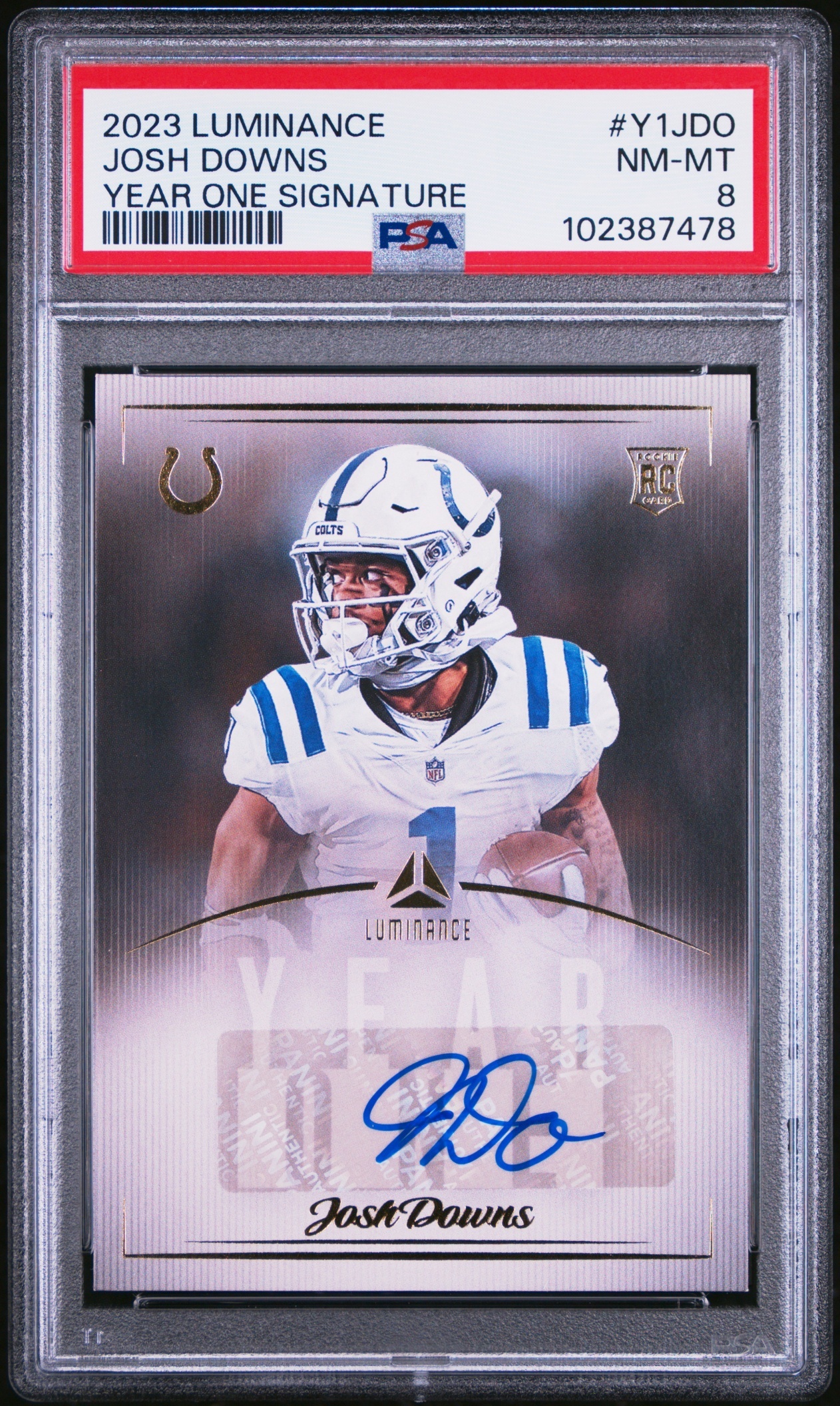 Card image for 2023 Panini Contenders Optic Josh Downs Super Bowl Ticket 1/1 #79 RC Rookie Auto Colts