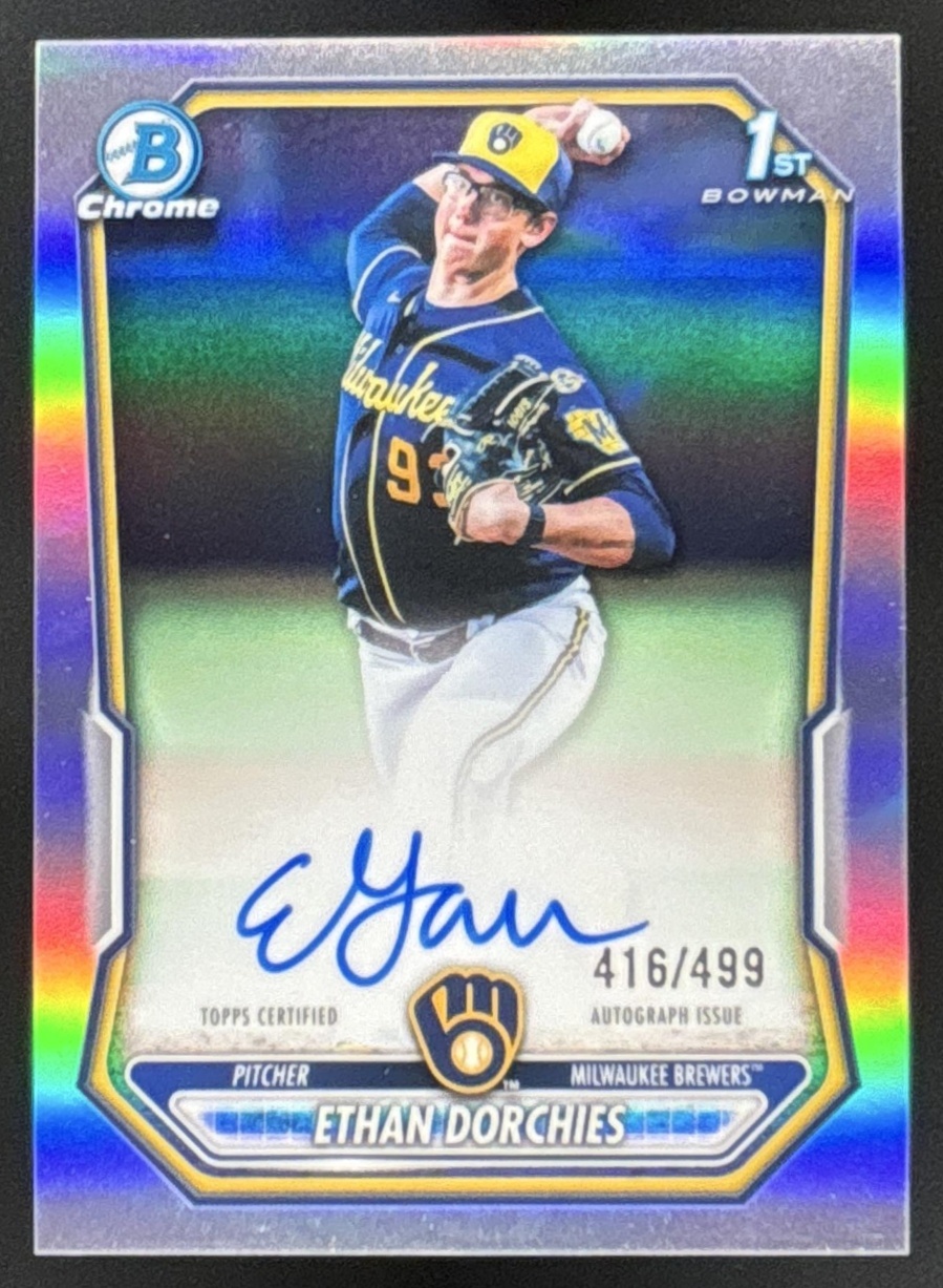 Card image for Ethan Dorchies 2026 Bowman Refractor /499 Chrome Prospect Auto Milwaukee Brewers