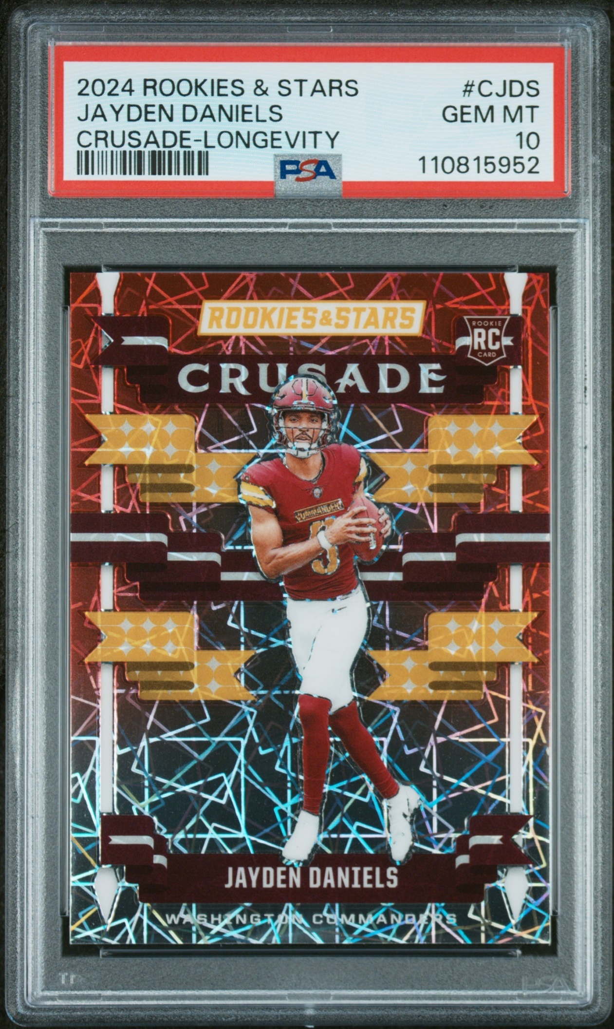 Card image for 2024 Panini Rookies & Stars Jayden Daniels Crusade Longevity #C-JDS RC Commanders