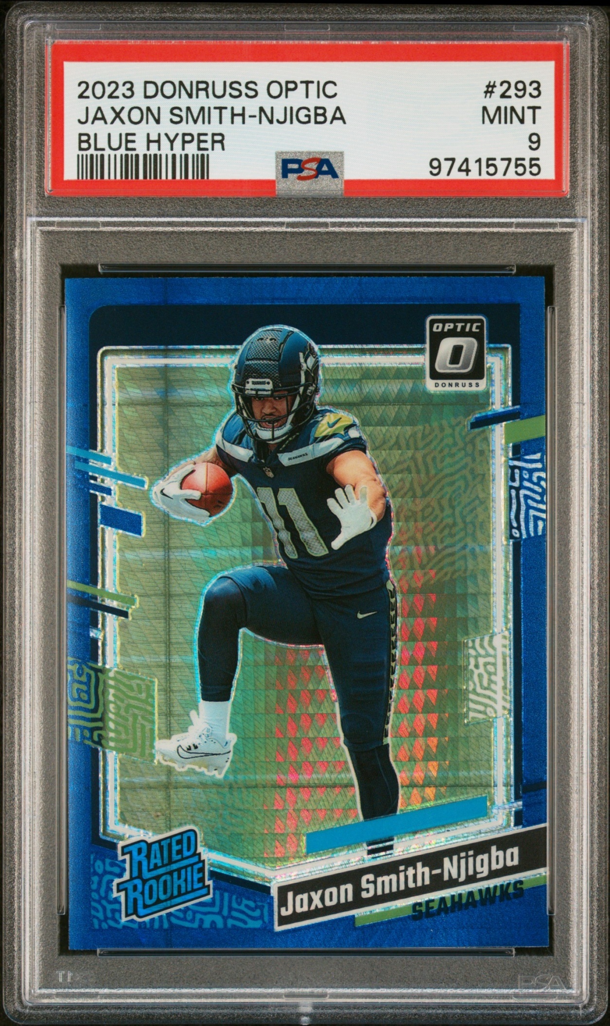 Card image for 2023 Panini Donruss Optic Jaxon Smith-Njigba Blue Hyper Prizm #293 RC Rated Rookie Seahawks