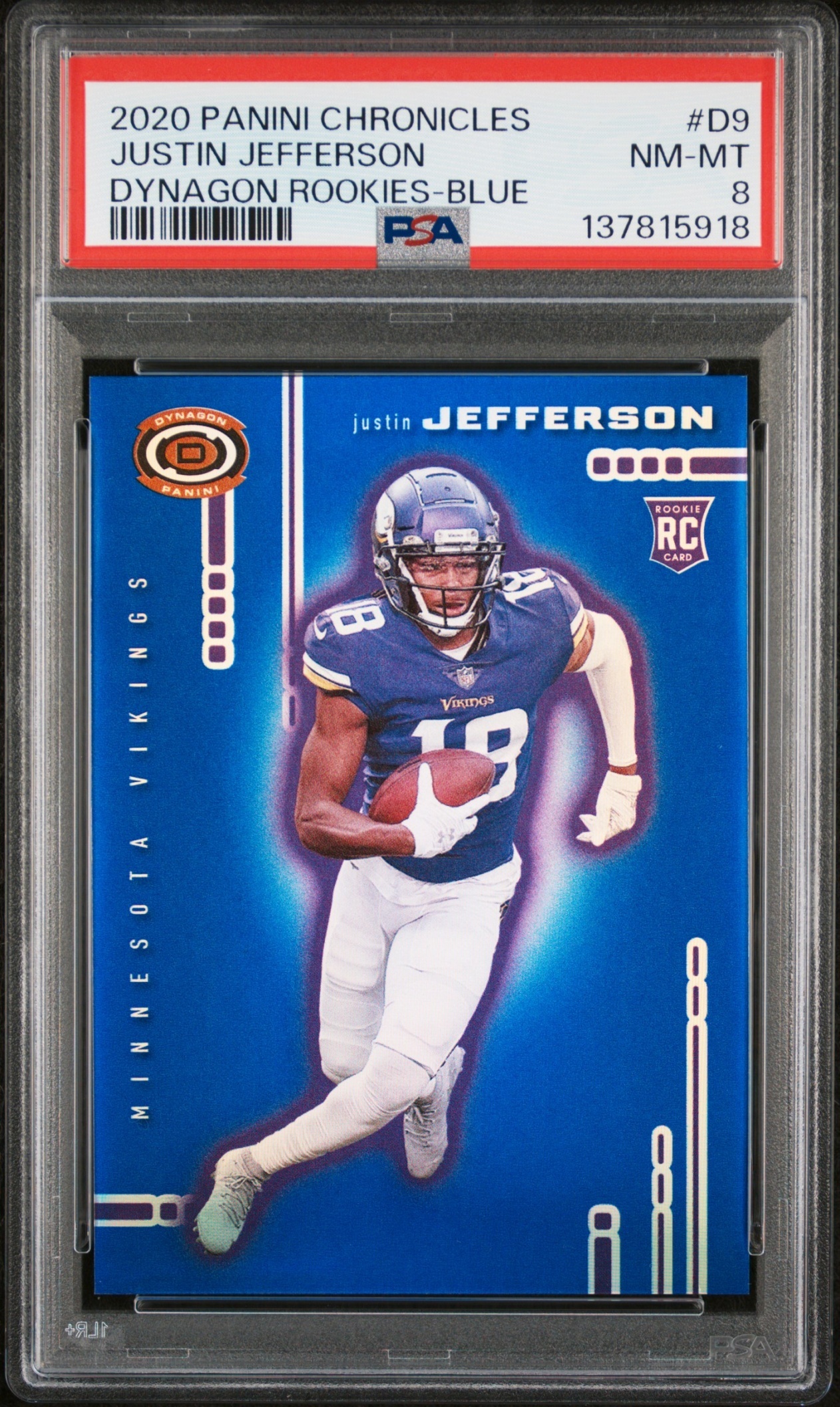 Card image for 2020 Panini Chronicles Justin Jefferson Dynagon Rookies Blue /25 #D-9 RC Vikings