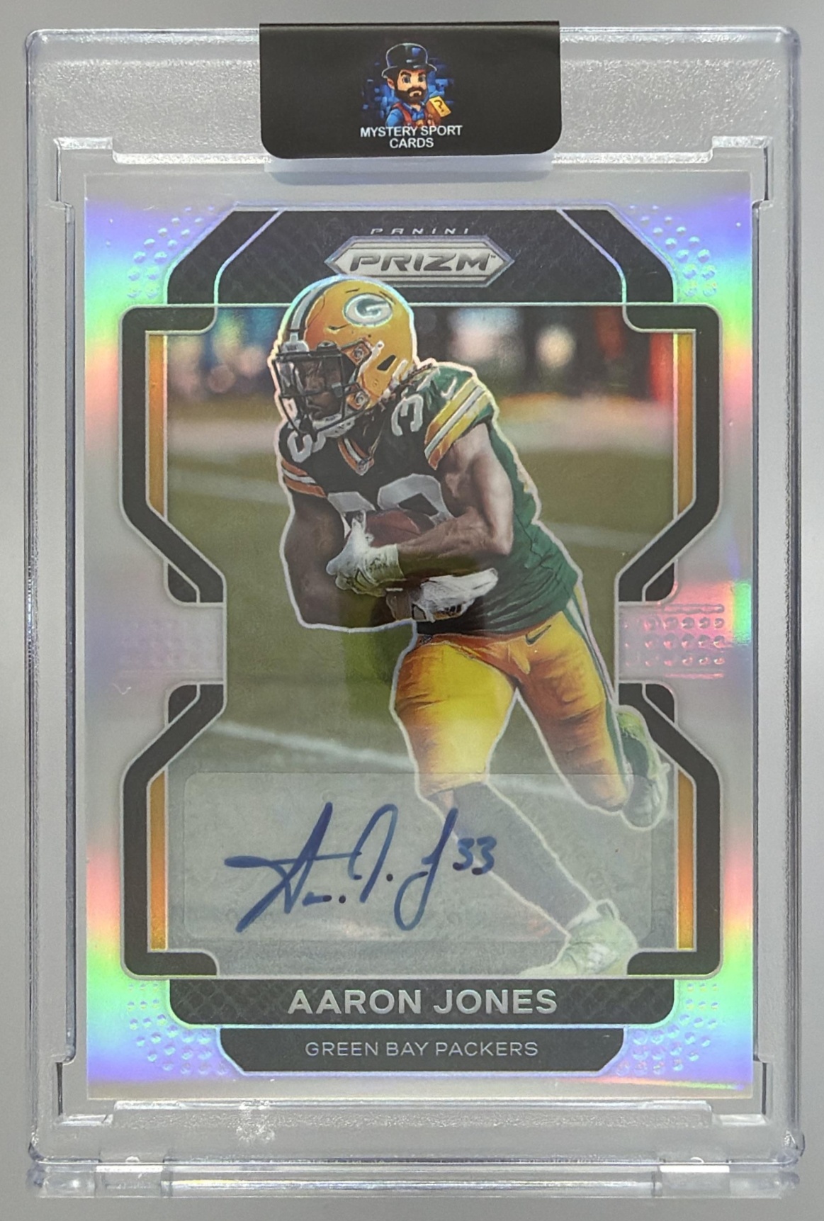 Card image for 2021 Panini Football Prizm Aaron Jones Auto Green Shimmer 1/1 #139 Bay Packers