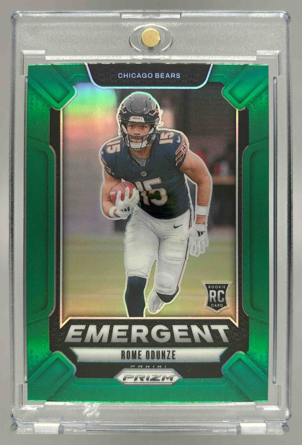 Card image for 2024 Panini Football Prizm Rome Odunze Emergent Green #11 RC Chicago Bears