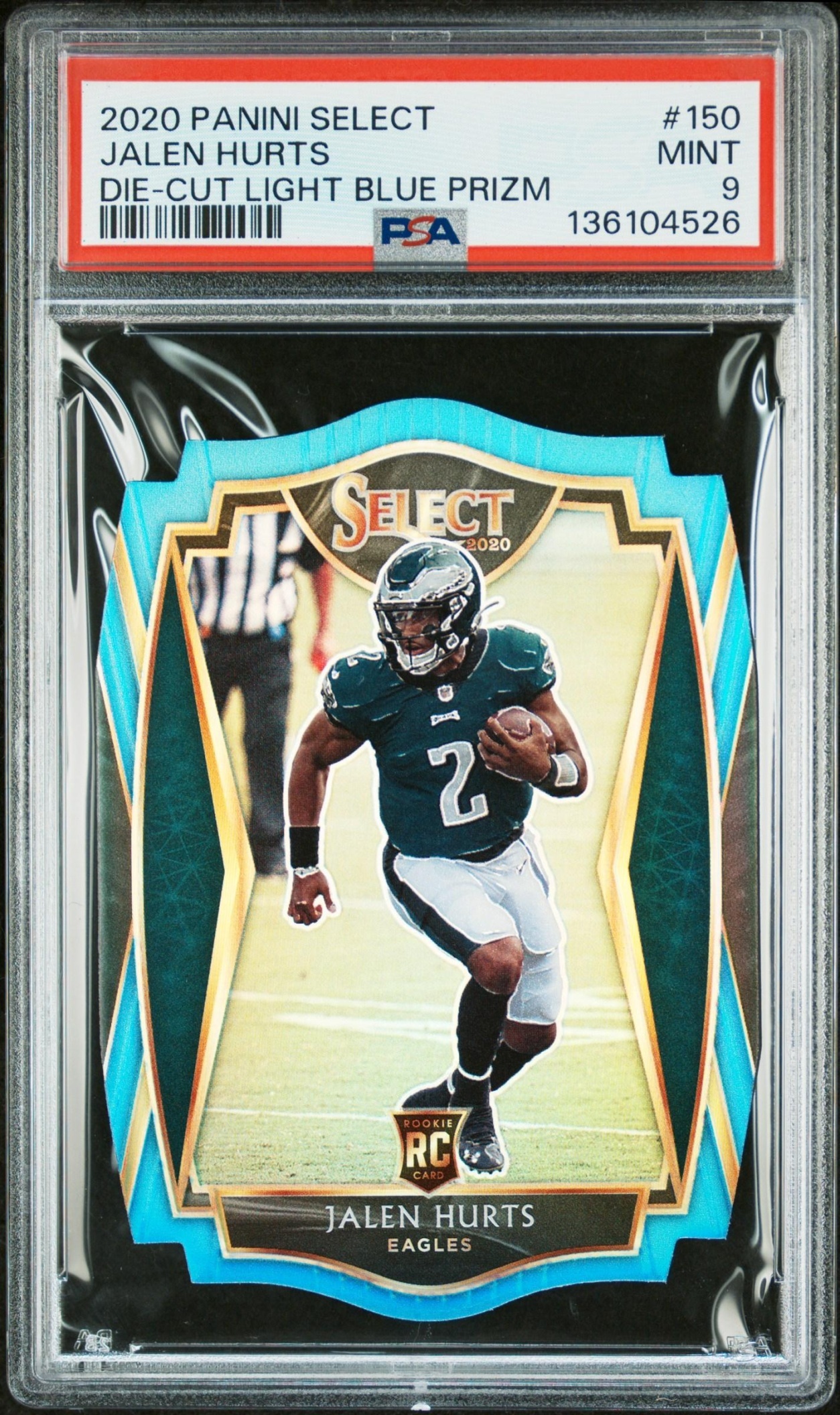 Card image for 2020 Panini Select Jalen Hurts Light Blue Prizm /99 #150 RC Premier Level Eagles