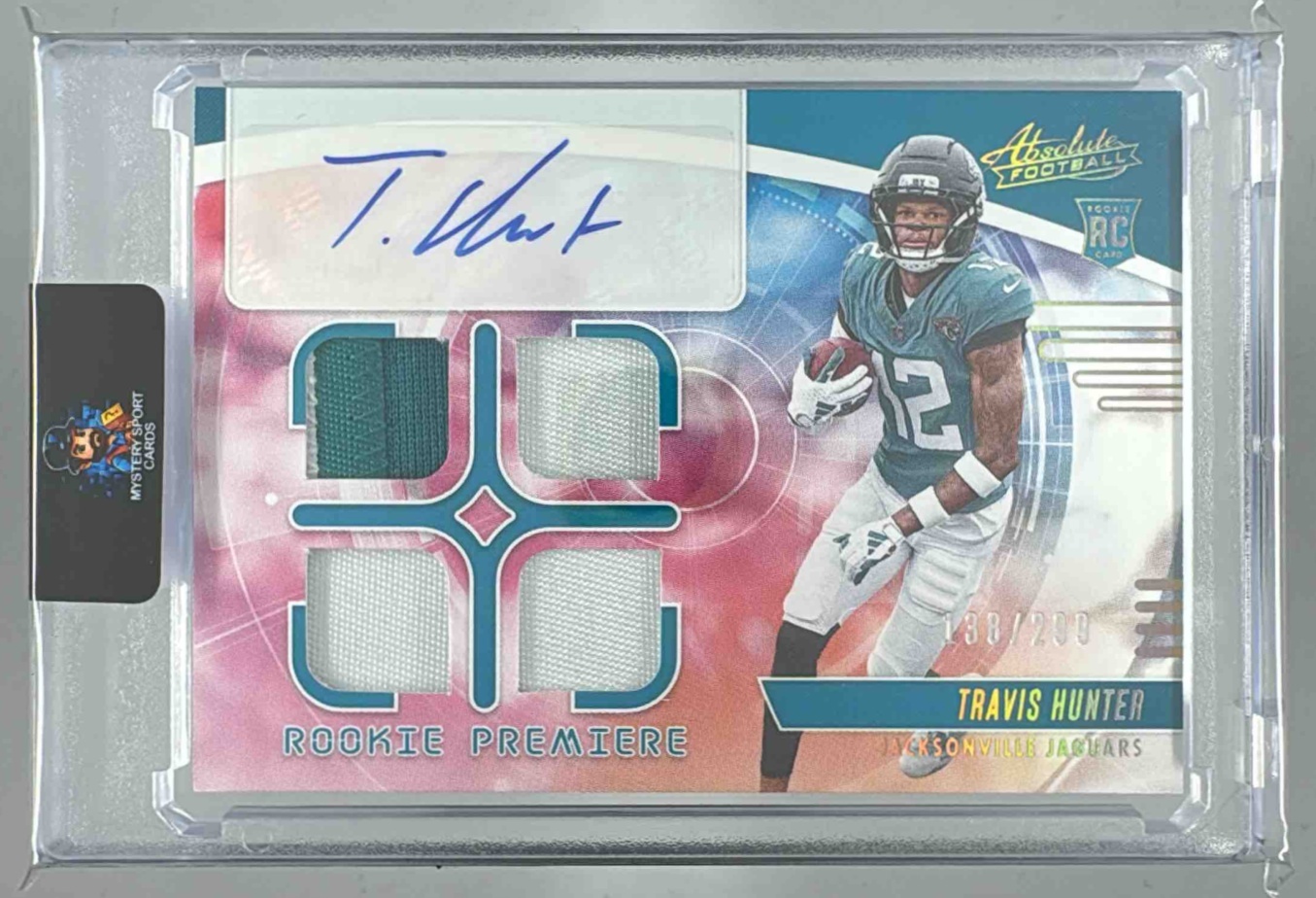Card image for 2025 Panini Absolute Travis Hunter Rookie Premiere Materials Autos Quad /299 #RPM-THR MEM RC Auto Jaguars