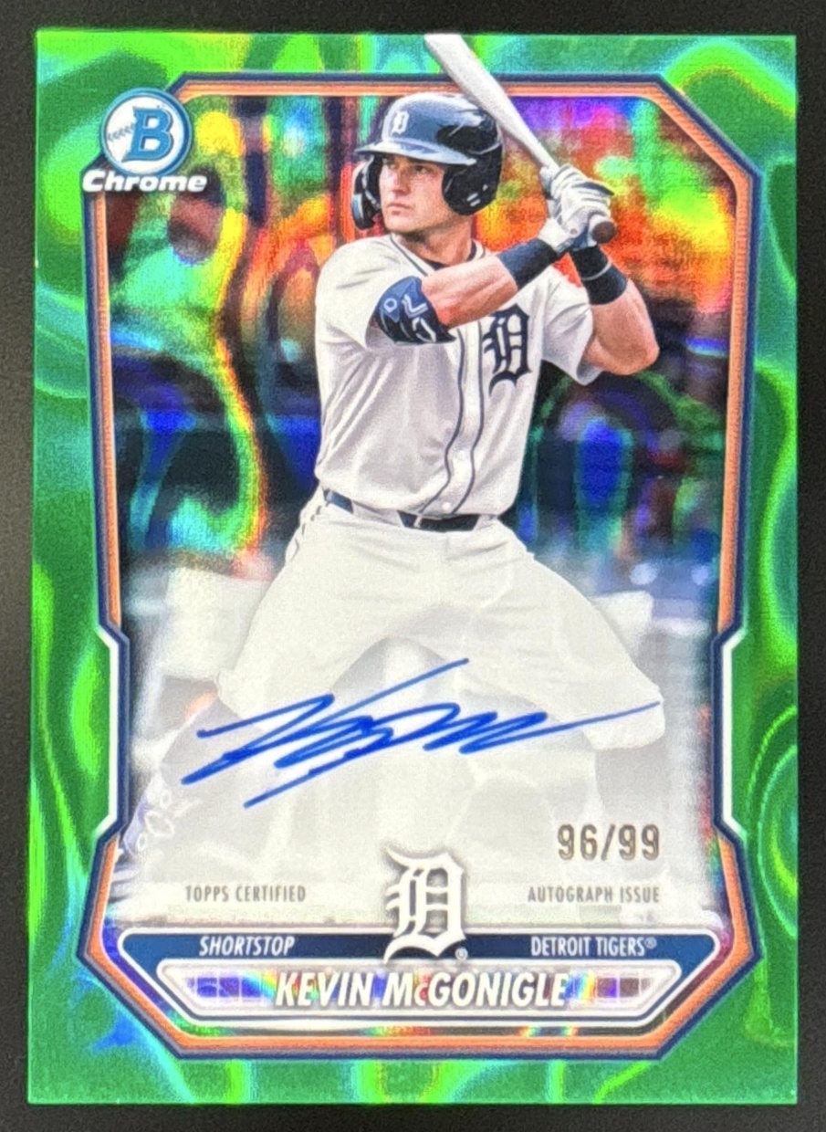 Card image for 2026 Bowman Kevin McGonigle Chrome Prospect Auto Green Lava Refractor /99