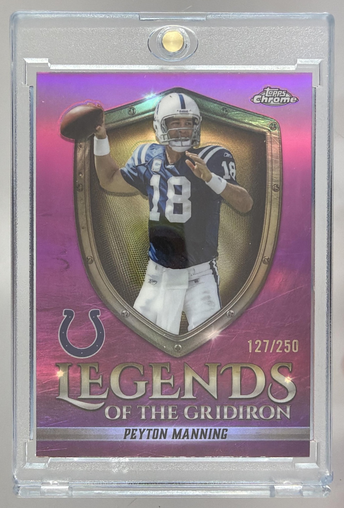 Card image for 2025 Topps Chrome Peyton Manning Legends of the Gridiron Pink Refractor /250 #LOG-10 Colts