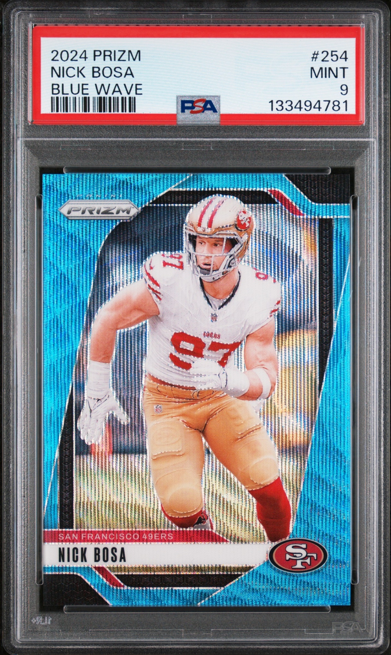 Card image for 2024 Panini Football Prizm Nick Bosa Blue Wave /230 #254 San Francisco 49ers