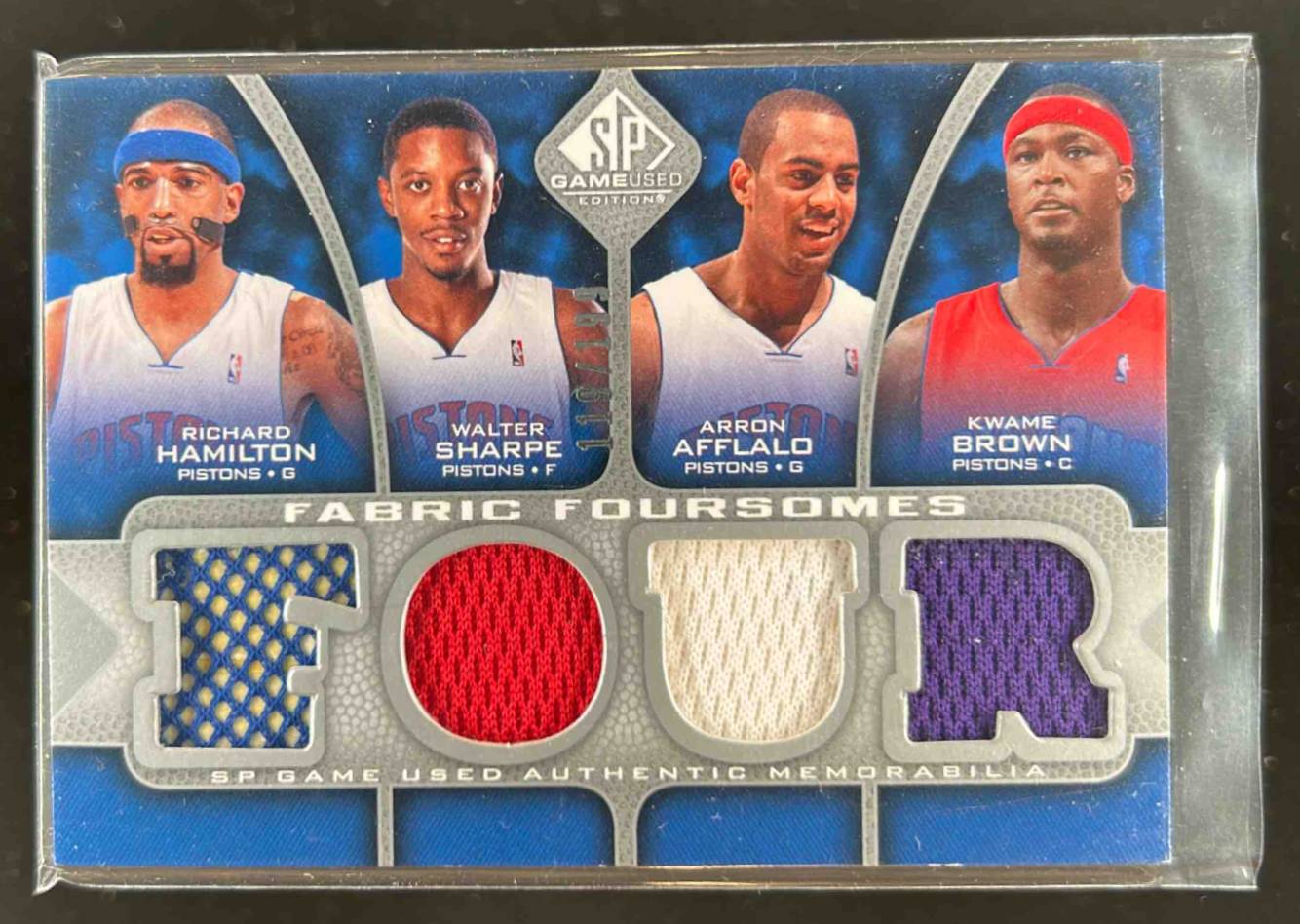 Card image for 2009-10 GAME USED RICHARD HAMILTON KWAME BROWN ARRON AFFLALO WALTER SHARPE #F4-HBAS FABRIC FOURSOME /199 MEM