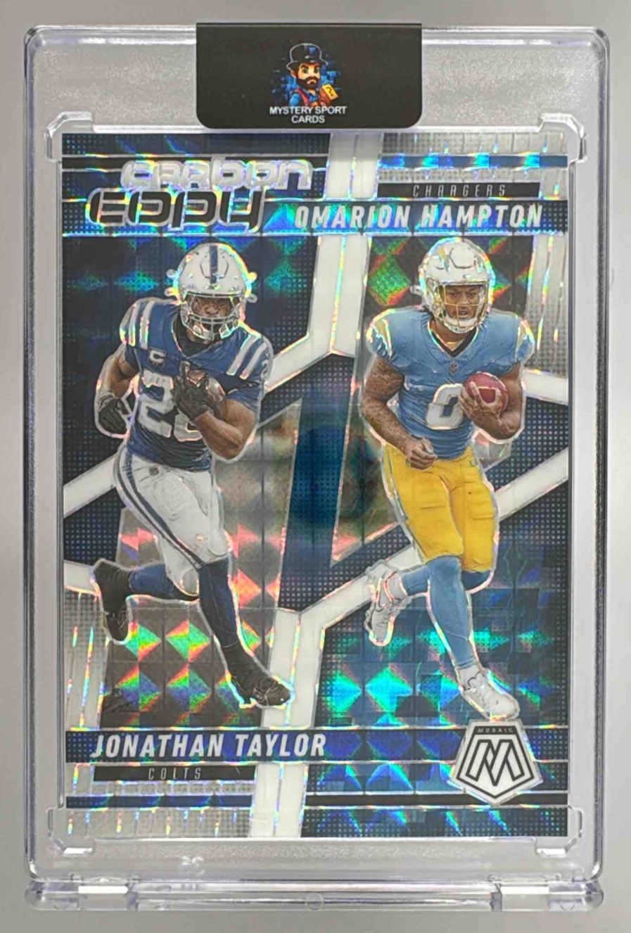 Card image for 2025 Panini Mosaic Jonathan Taylor Omarion Hampton Carbon Copy White Prizm /25 #12