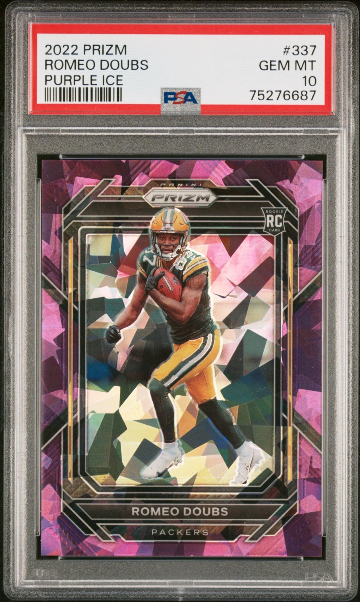 Card image for 2022 Panini Football Prizm Romeo Doubs Purple Ice /225 #337 RC Green Bay Packers