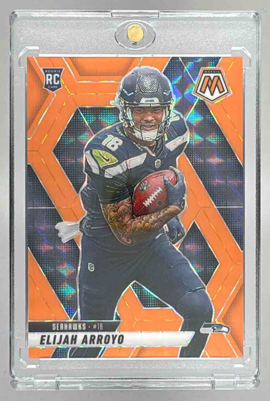 Card image for 2025 Panini Mosaic Elijah Arroyo Rookies Orange Fluorescent Prizm /25 #314 RC Seahawks