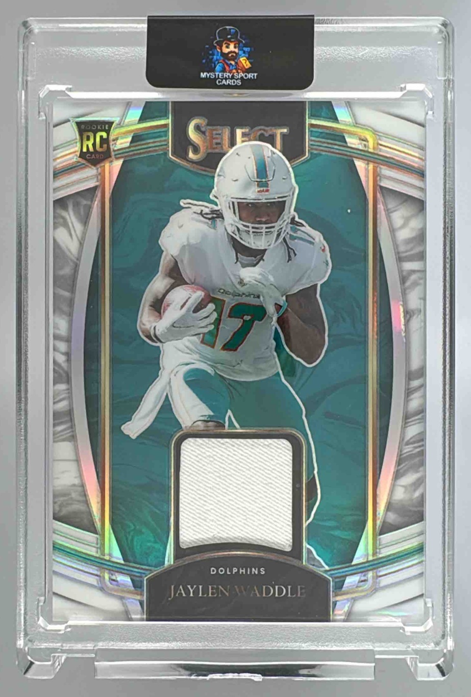 Card image for 2021 Panini Select Jaylen Waddle Rookie Swatches White Prizm /75 #RSW-JWA MEM RC Dolphins