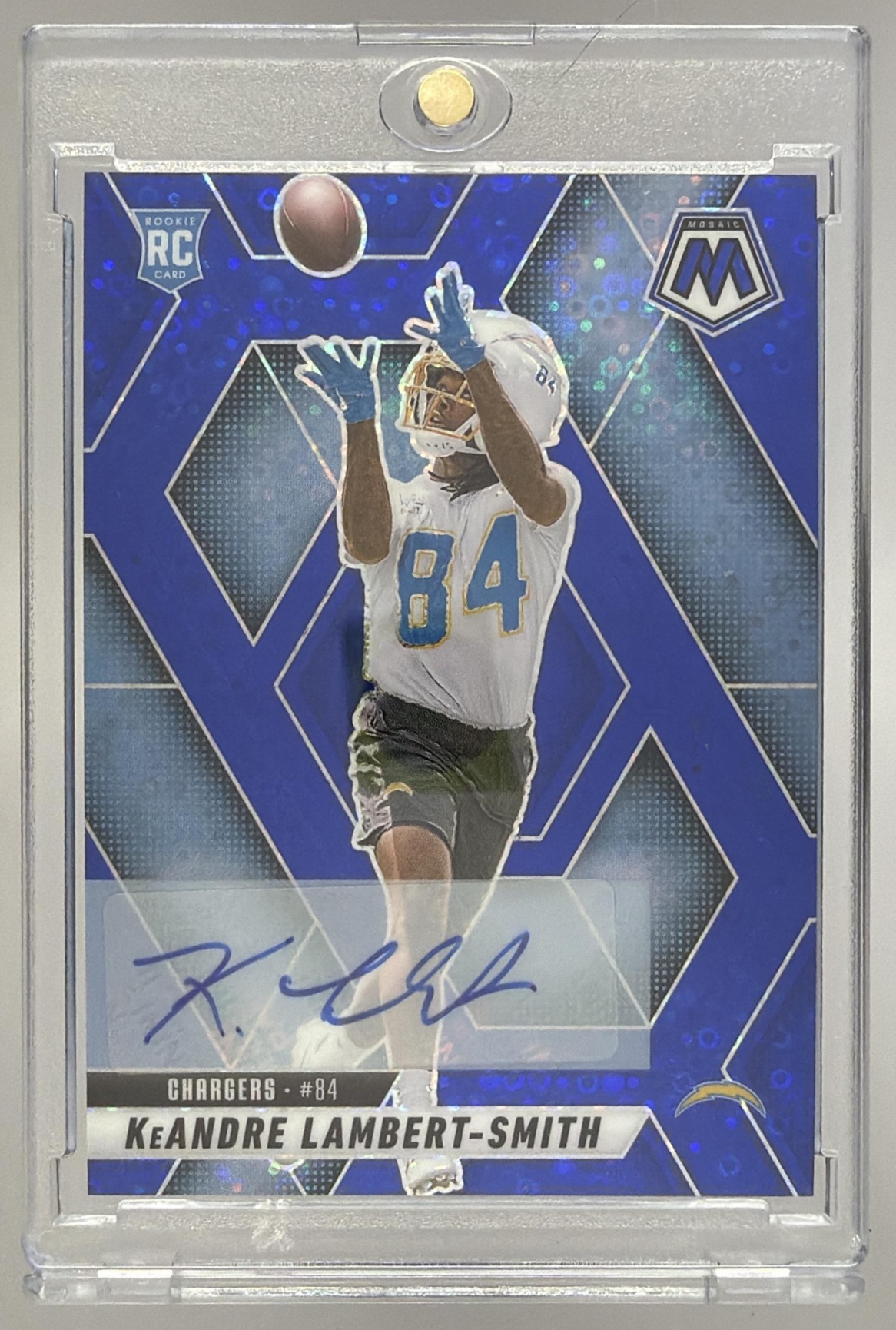 Card image for 2025 Panini Mosaic KeAndre Lambert-Smith Rookie Auto Choice Fusion Red and Yellow Prizm #336 RC Chargers