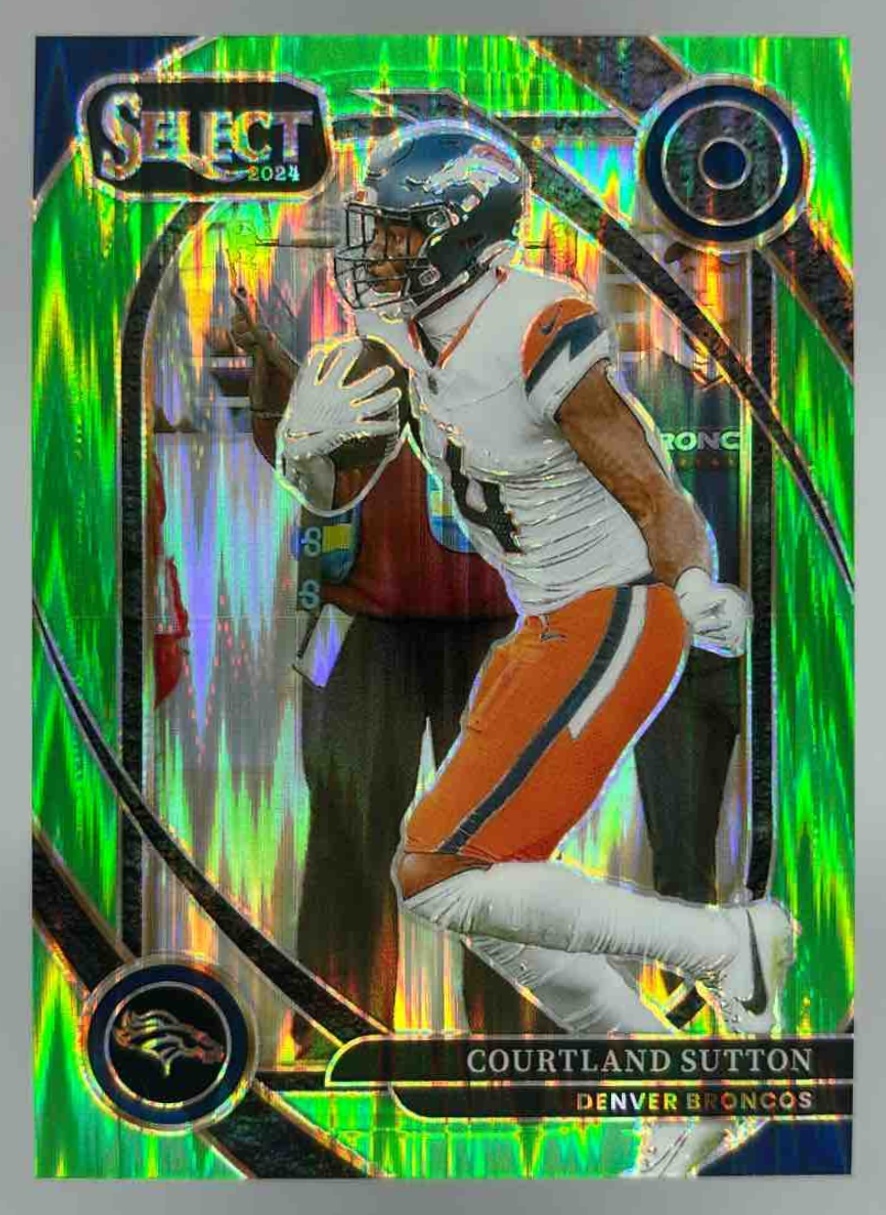 Card image for 2024 Panini Select Courtland Sutton Club Neon Green Prizm Shock /499 #240 Broncos