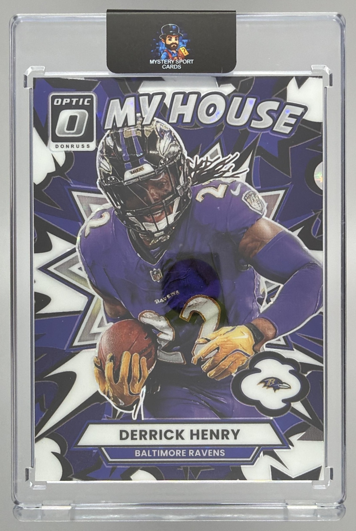 Card image for 2025 Panini Donruss Optic Derrick Henry My House! Purple Stars Prizm /25 #9 Ravens
