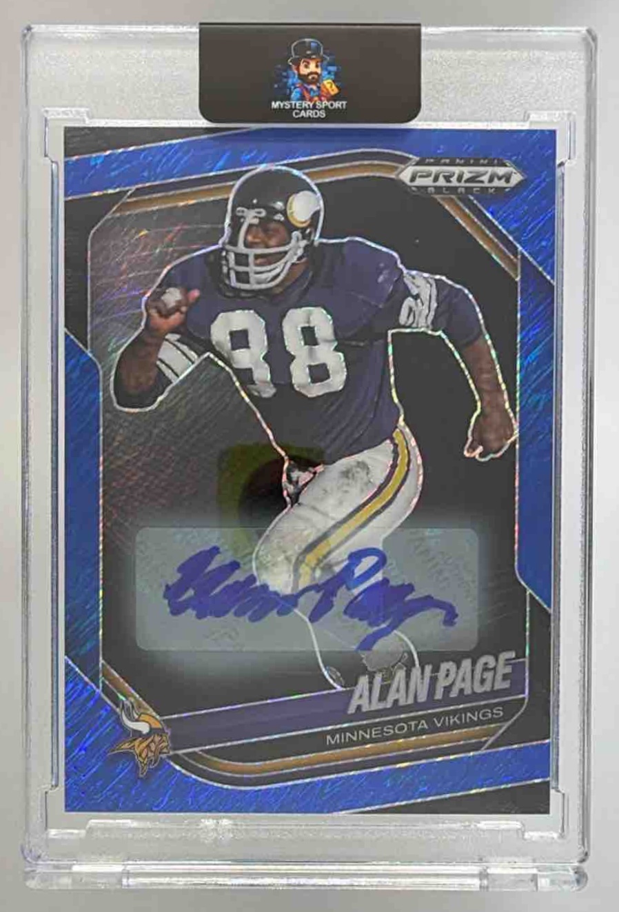 Card image for 2025 Panini Prizm Black Alan Page Auto Blue Shimmer FOTL /15 #85 Vikings