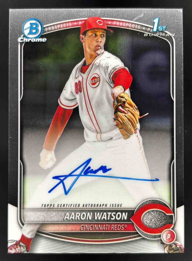Card image for 2025 Bowman Draft Aaron Watson Chrome Prospect Auto #CPA-AW Reds