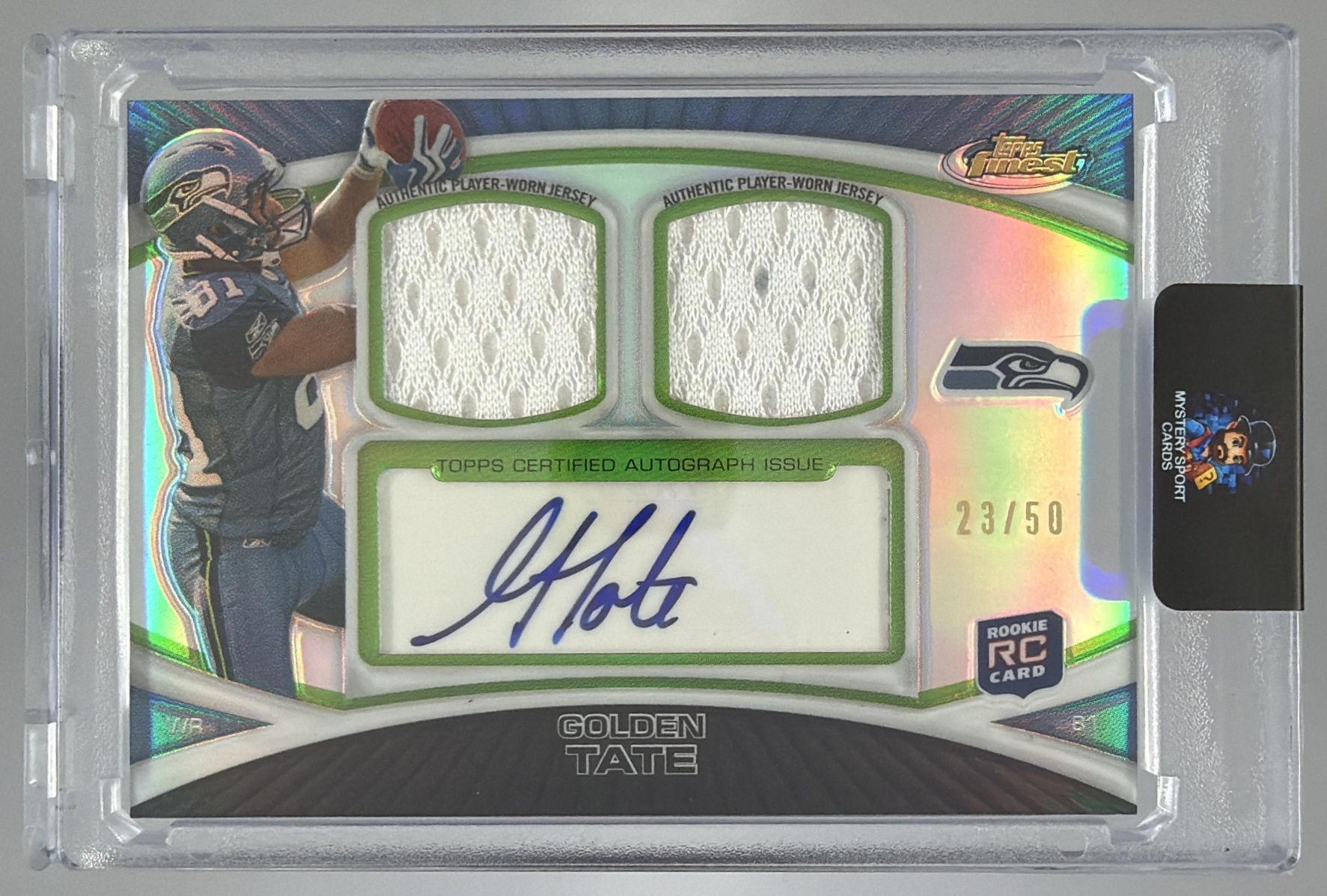 Card image for 2010 Topps Finest Golden Tate Dual Jersey Auto Black Refractor /50 #FADR-GT RC Seahawks