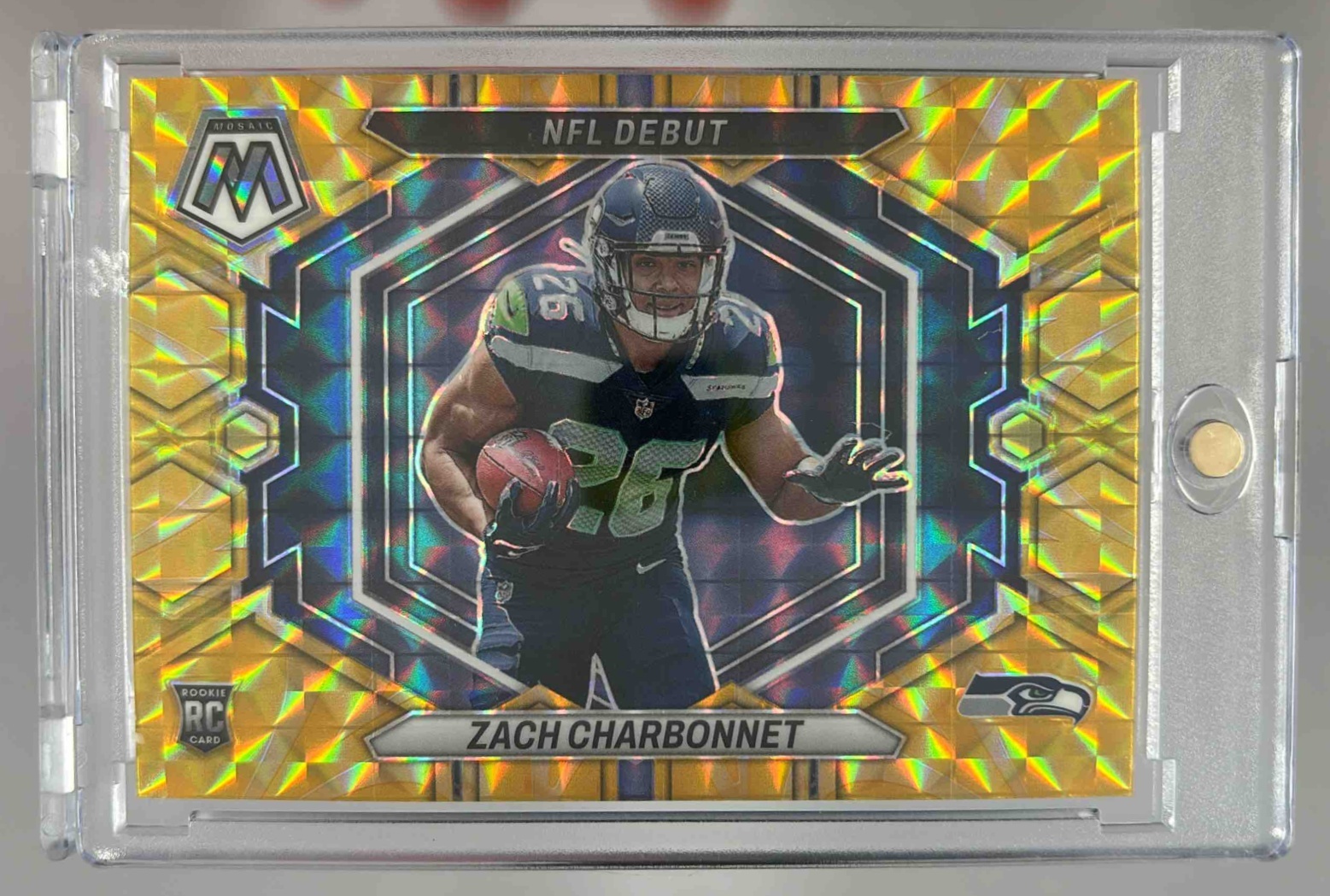 Card image for 2023 Panini Mosaic Zach Charbonnet Reactive Yellow #ND-11 RC NFL Debut Seahawks
